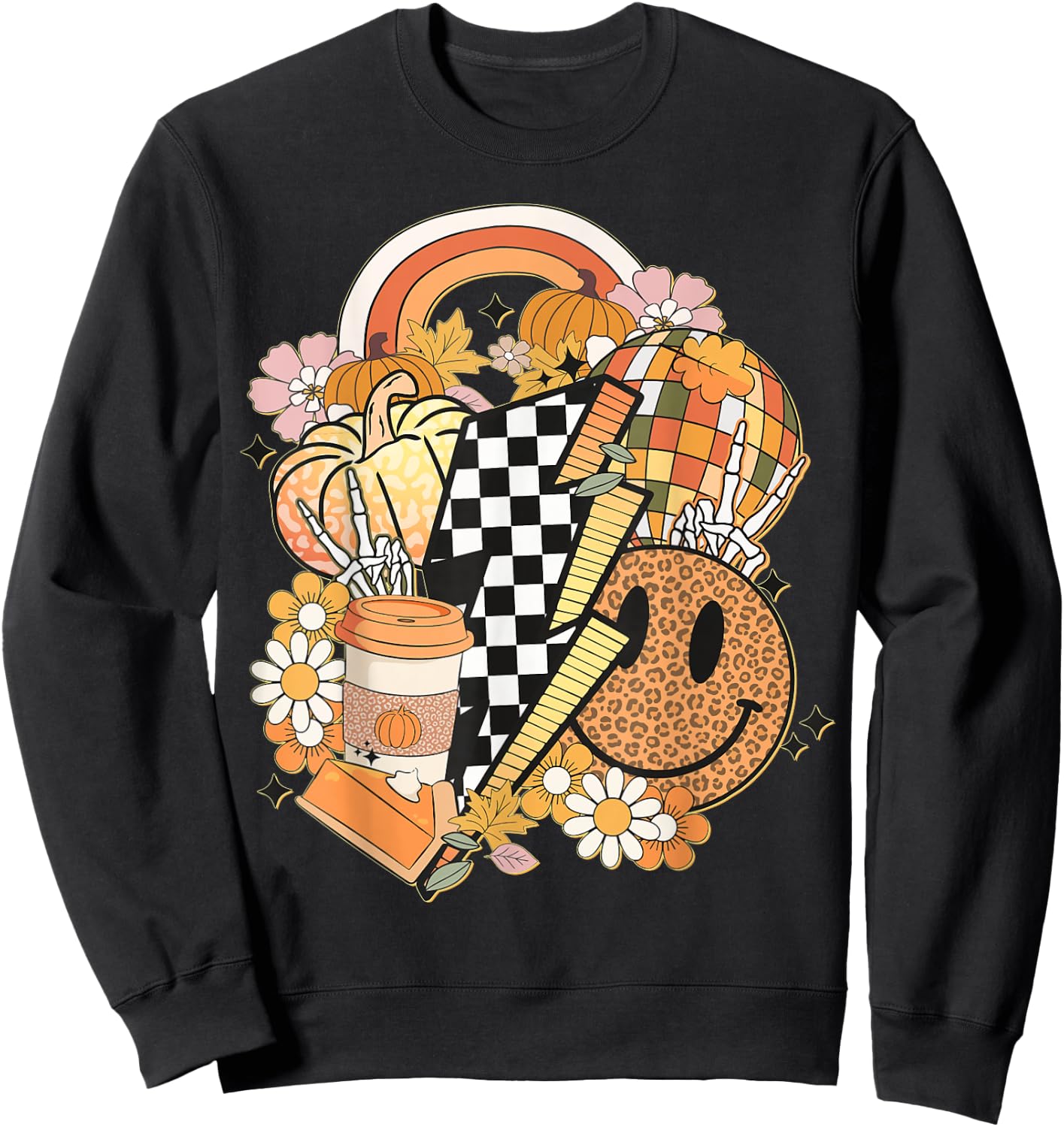 Groovy Fall Vibes Smile Face Autumn Coffee Cup Fall Women Sweatshirt - Sweatshirt | Black