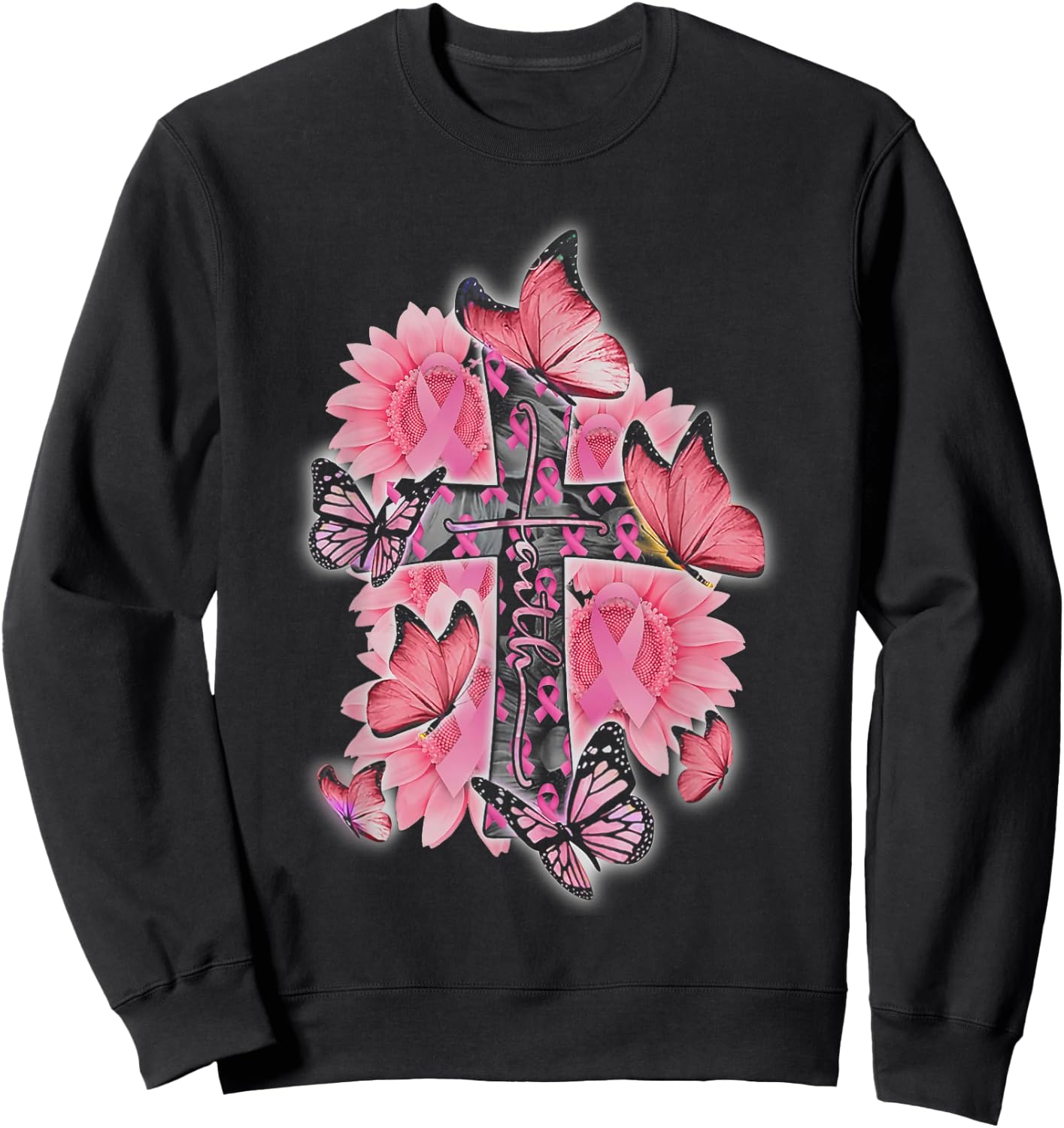 Faith Pink Ribbon Butterflies Breast Cancer Awareness Women Sweatshirt - Sweatshirt | Black