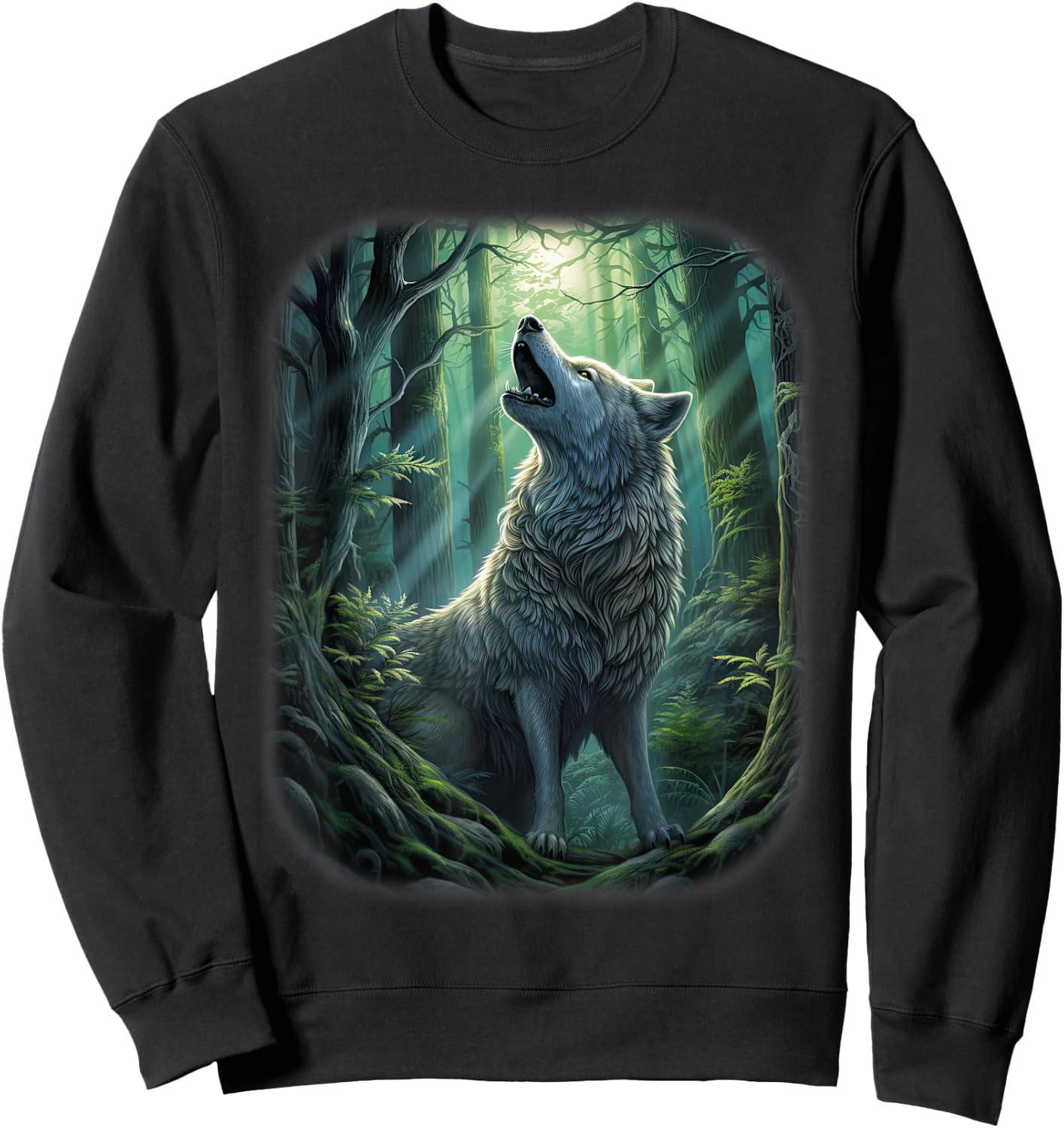 Wolf in the forest howling at the Moon Fantasy Art Wildlife Sweatshirt - Sweatshirt | Black