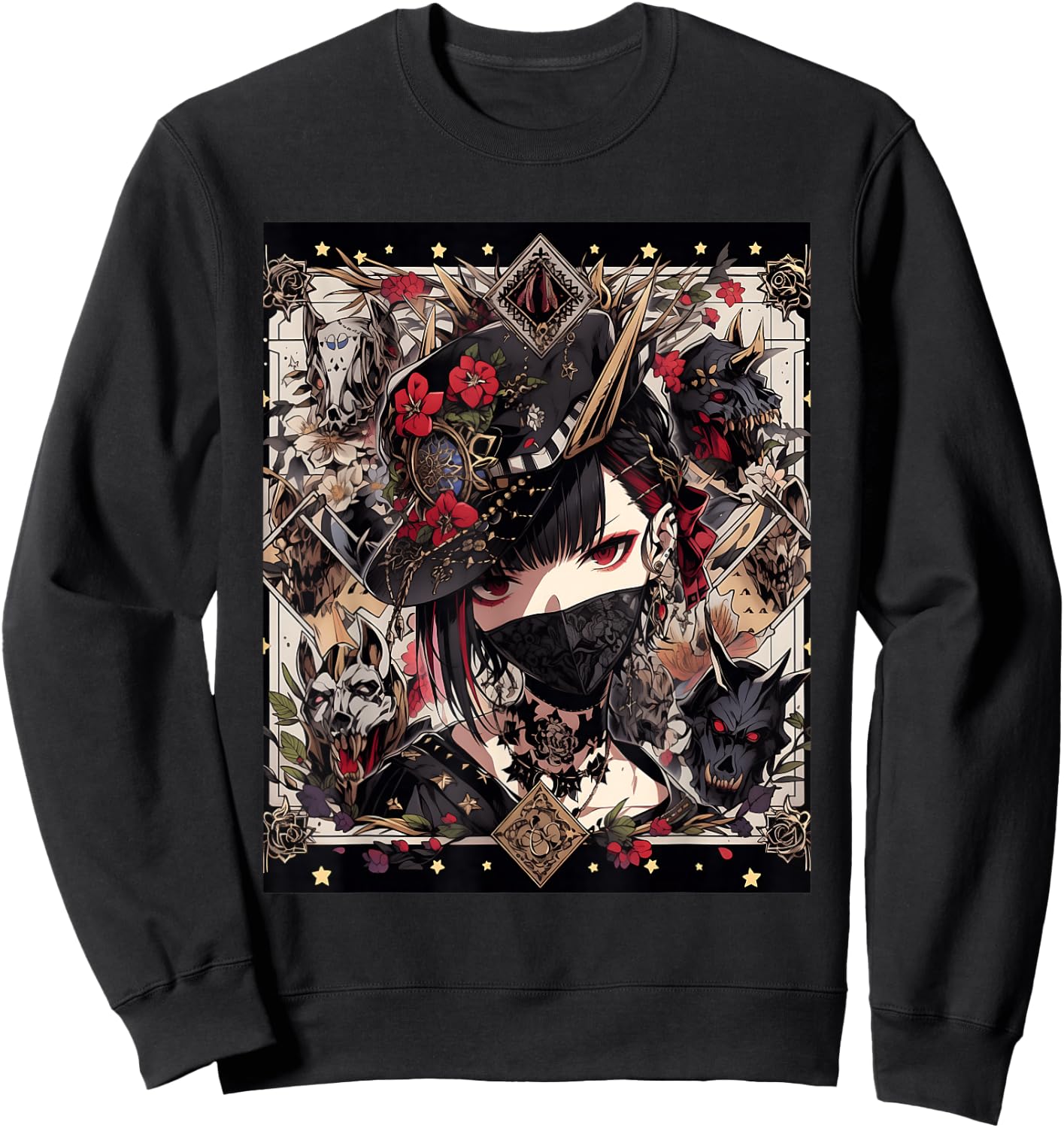 Veiled Mystery: Japanese Young Gothic Girl in a Mask Sweatshirt - Sweatshirt | Black