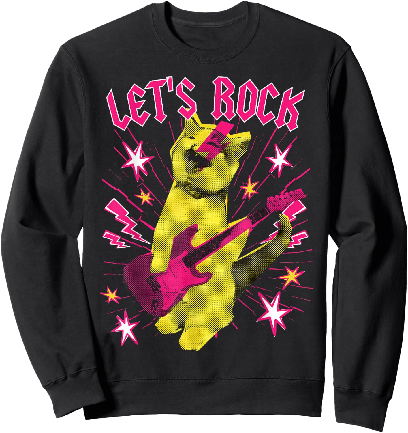 80s Rock N Roll Girl Cat, Let's Rock Sweatshirt - Sweatshirt | Black