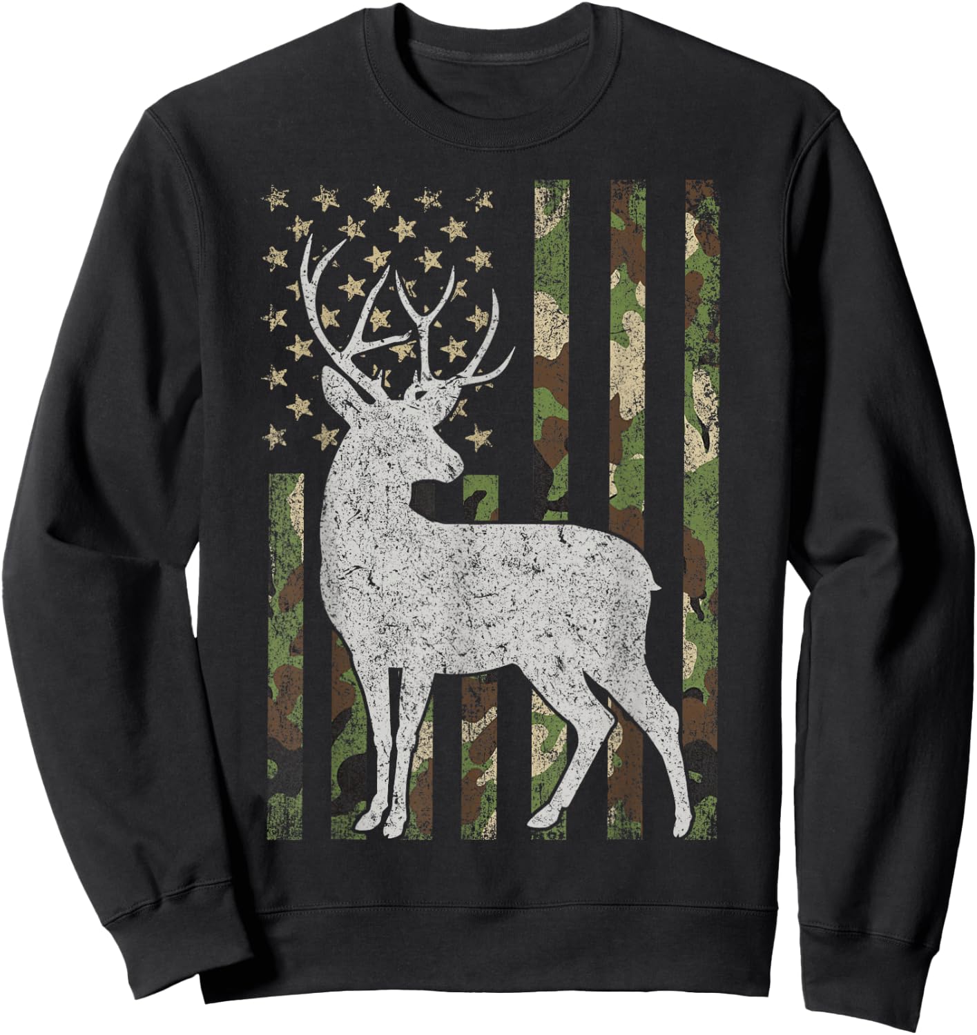 Whitetail Buck Deer Hunting Camouflage USA Flag 4th of July Sweatshirt - Sweatshirt | Black