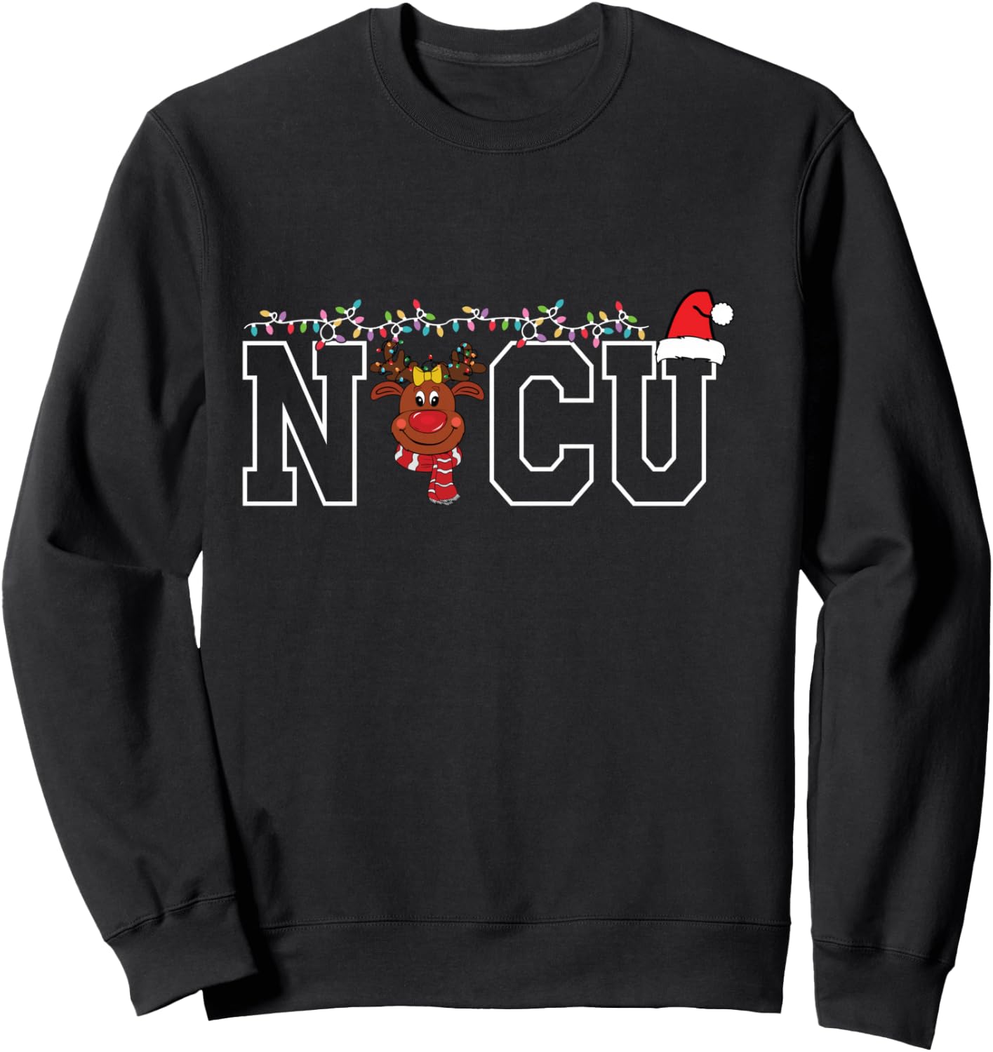 Cute Santa Hat Reindeer Christmas Light Xmas NICU Nurse Cool Sweatshirt - Sweatshirt | Black