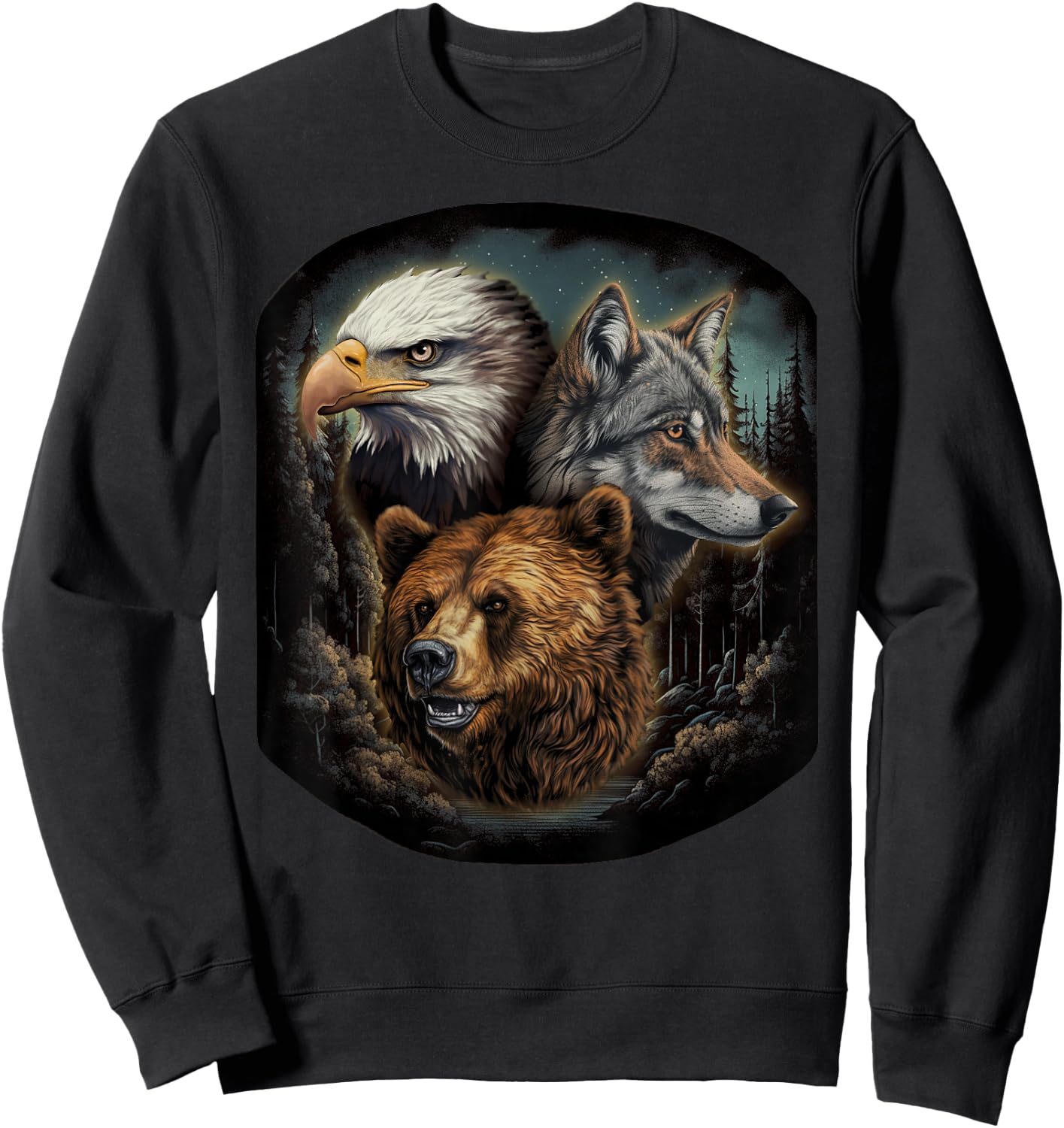 Usa Animals Bald Eagle,Grizzly Bear, Wolf Wilderness Sweatshirt - Sweatshirt | Black