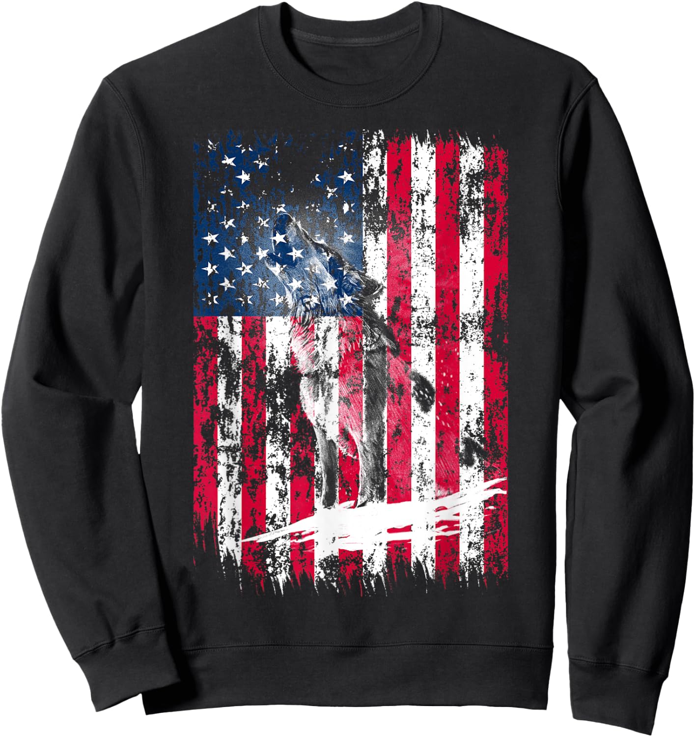 American Flag Howling Wolf Distressed Vintage Flag Men Sweatshirt - Sweatshirt | Black