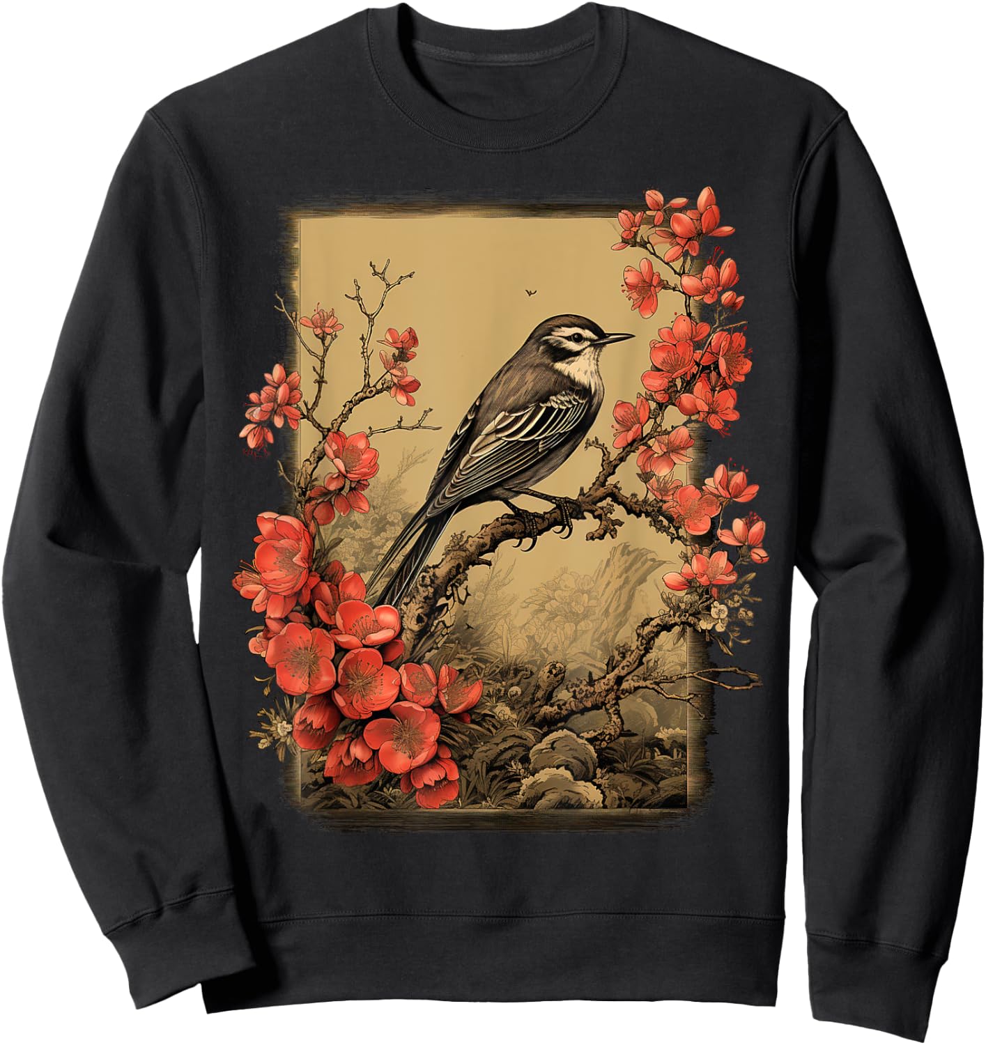Vintage Bird and Flowers Japanese Art Sweatshirt - Sweatshirt | Black