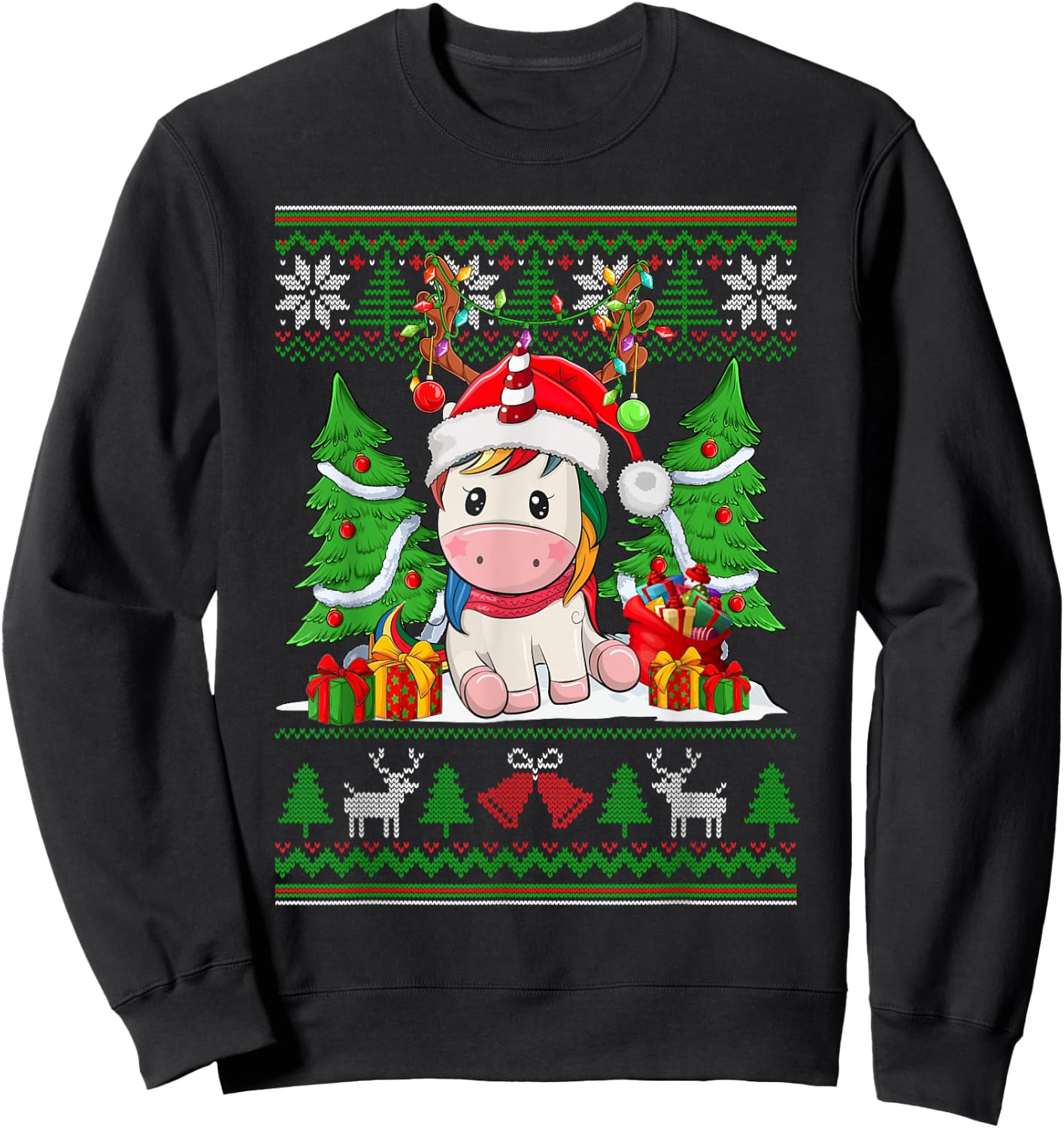 Christmas Girls Xmas Unicorn Deer Ugly Christmas Sweater Sweatshirt - Sweatshirt | Black