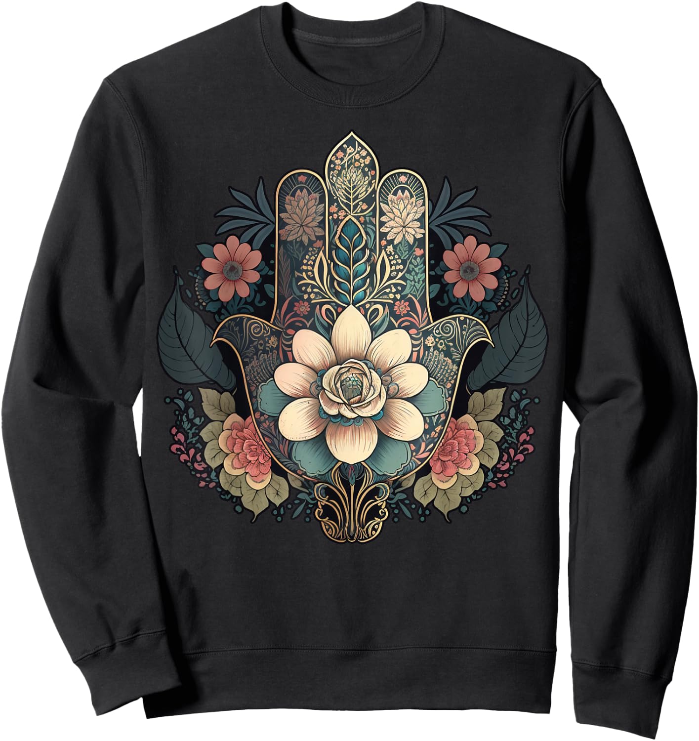 Khamsah or flower Hand of Fatima on floral Hamsa Hand Sweatshirt - Sweatshirt | Black