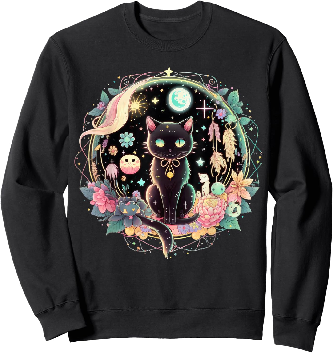 Moon Phases Crystal Witchy Cute Black Cat Kawaii Pastel Goth Sweatshirt - Sweatshirt | Black