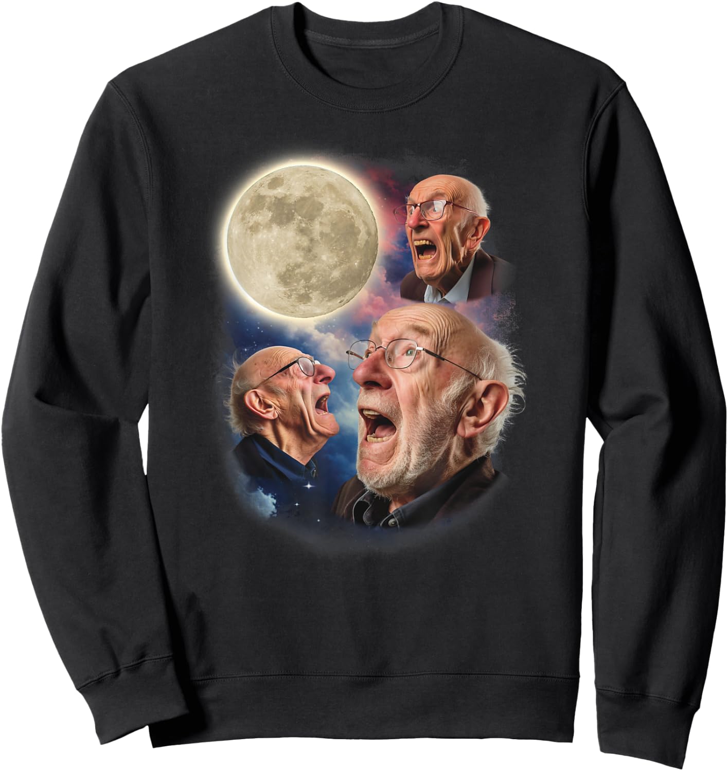 Three Grandpa Moon Old Men Howl At Moon Weird Cursed Meme Sweatshirt - Sweatshirt | Black