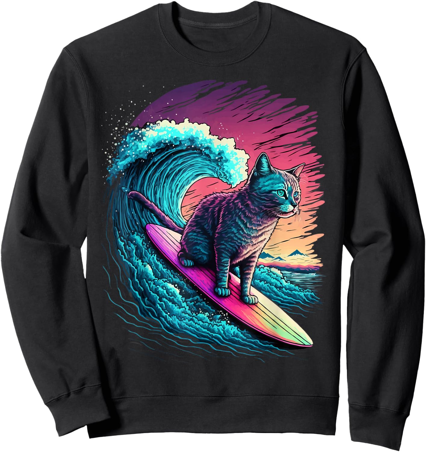Vintage 80s Vaporwave Synthwave Retro Surfing Cat Kitten Sweatshirt - Sweatshirt | Black