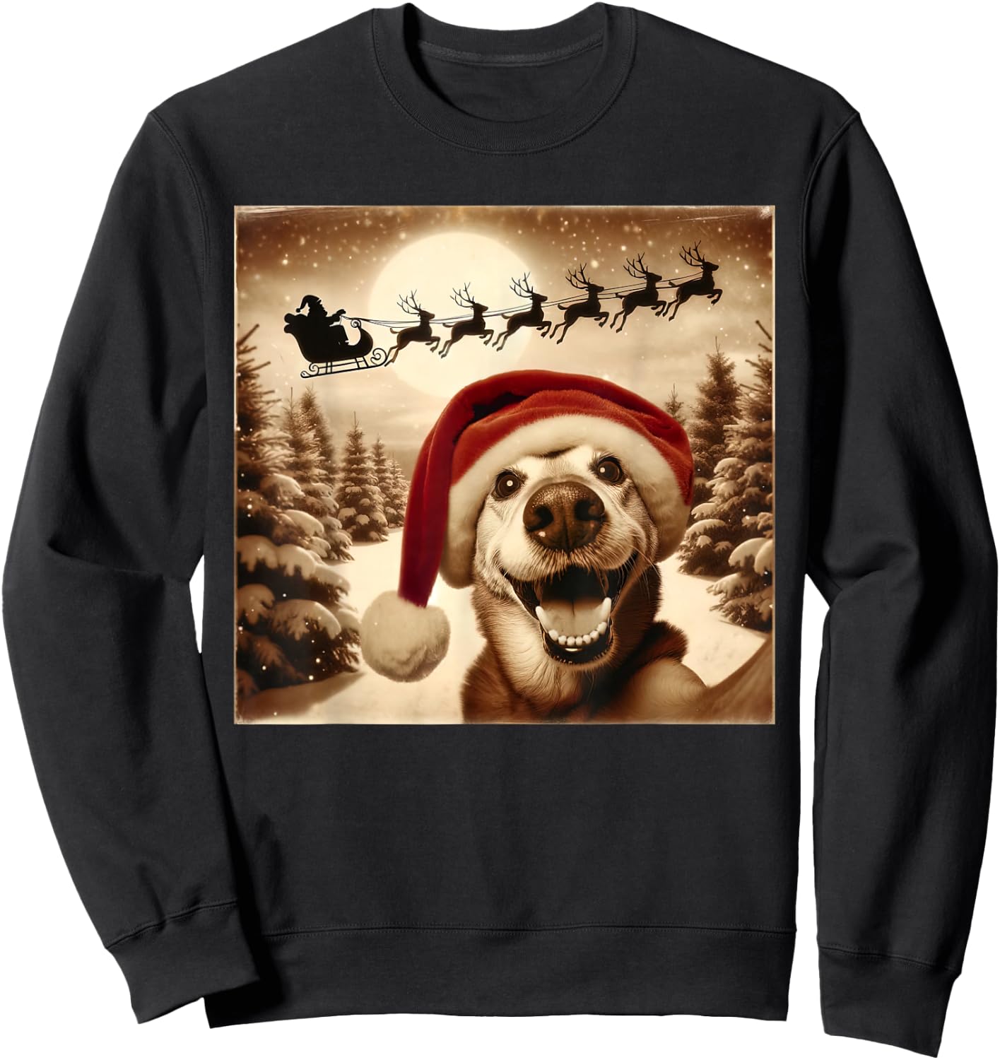 Funny Dog Selfie With Santa's Sleigh Weird dog Christmas Women Girls Kids Sweatshirt - Sweatshirt | Black