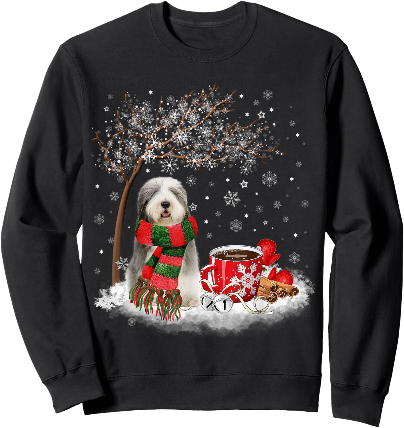 Old English Sheepdog In The Snow Christmas Winter Xmas Tree Men Women Kids Sweatshirt - Sweatshirt | Black