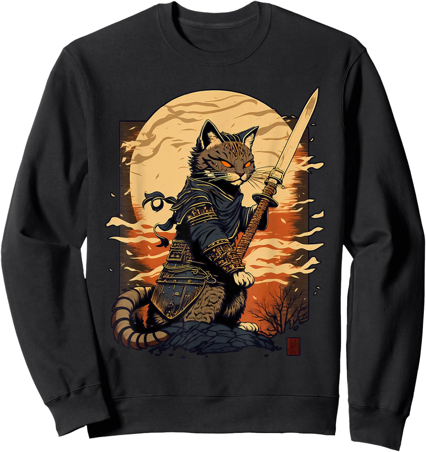 Retro Japanese Warrior Katana Ninja Cat, Samurai Kitten Sweatshirt - Sweatshirt | Black