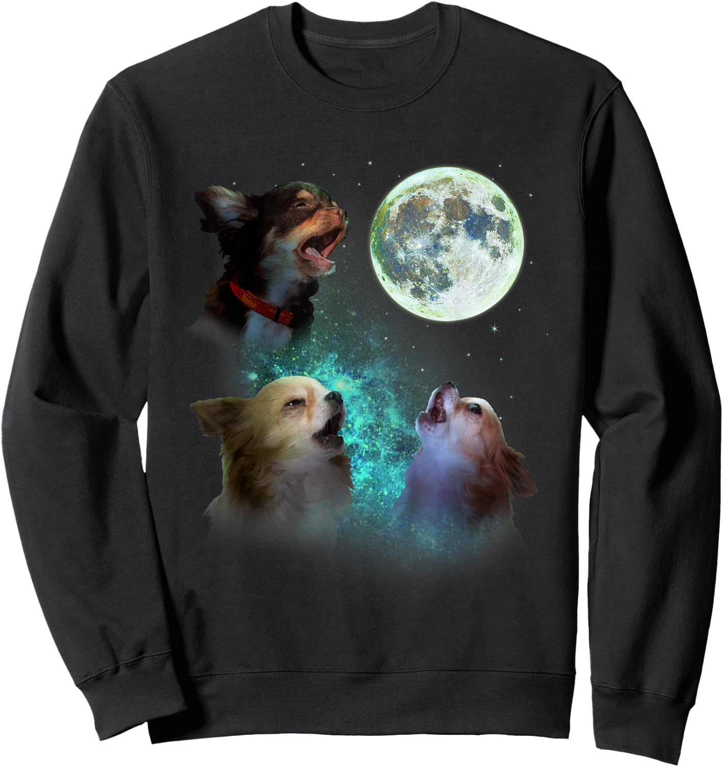 Three Long Hair Chihuahuas Howl At Moon 3 Wolf Wolves Parody Sweatshirt - Sweatshirt | Black