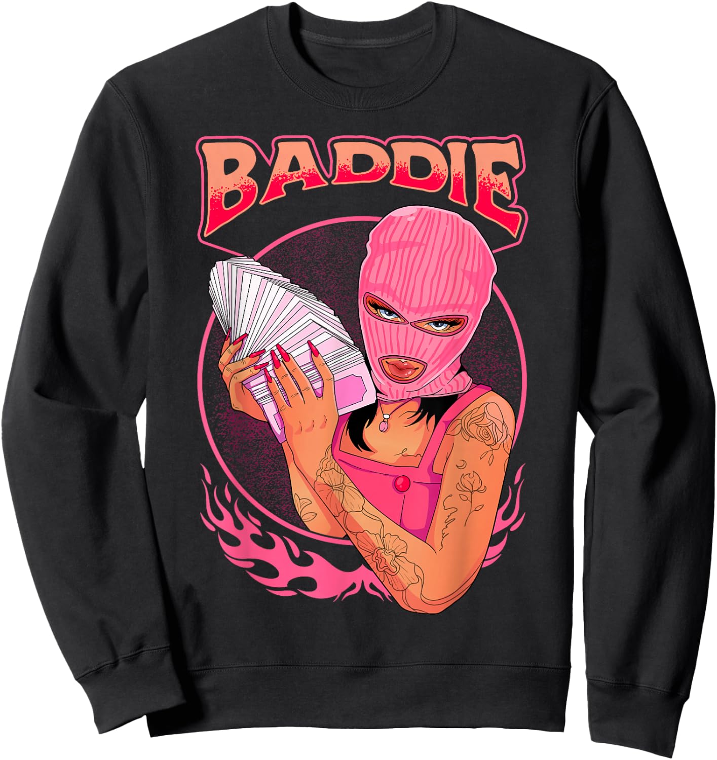 Baddie Bad Girl Stack of Cash Pink Style Sassy Character Sweatshirt - Sweatshirt | Black