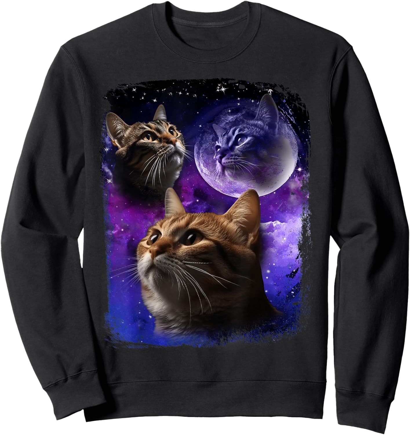 Cat Howling at Moon Galaxy Funny Three Cats Howl wolf meme Men Women Sweatshirt - Sweatshirt | Black