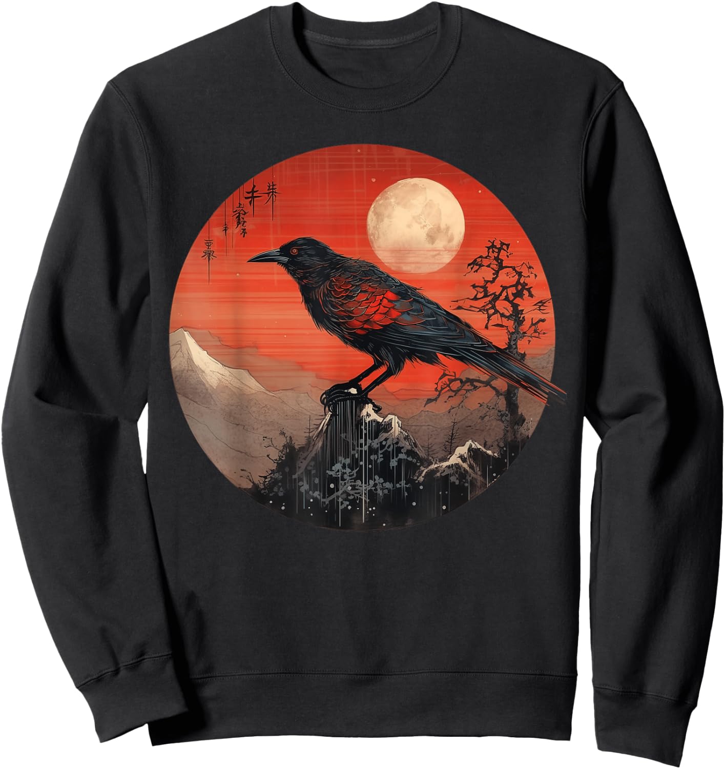 Red Moon Raven Graphic Black Crow Design Sweatshirt - Sweatshirt | Black
