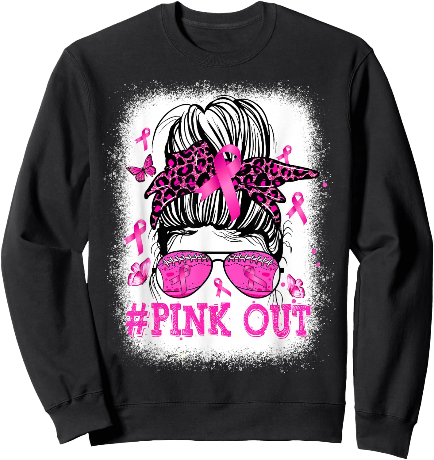 Bleached Pink Out Messy Bun Football Breast Cancer Awareness Sweatshirt - Sweatshirt | Black