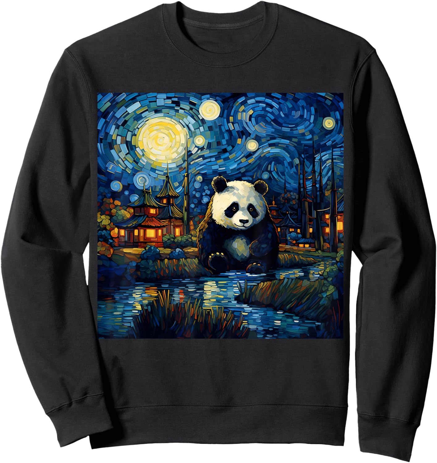 Surreal Starry Night Aesthetic Panda Sweatshirt - Sweatshirt | Black