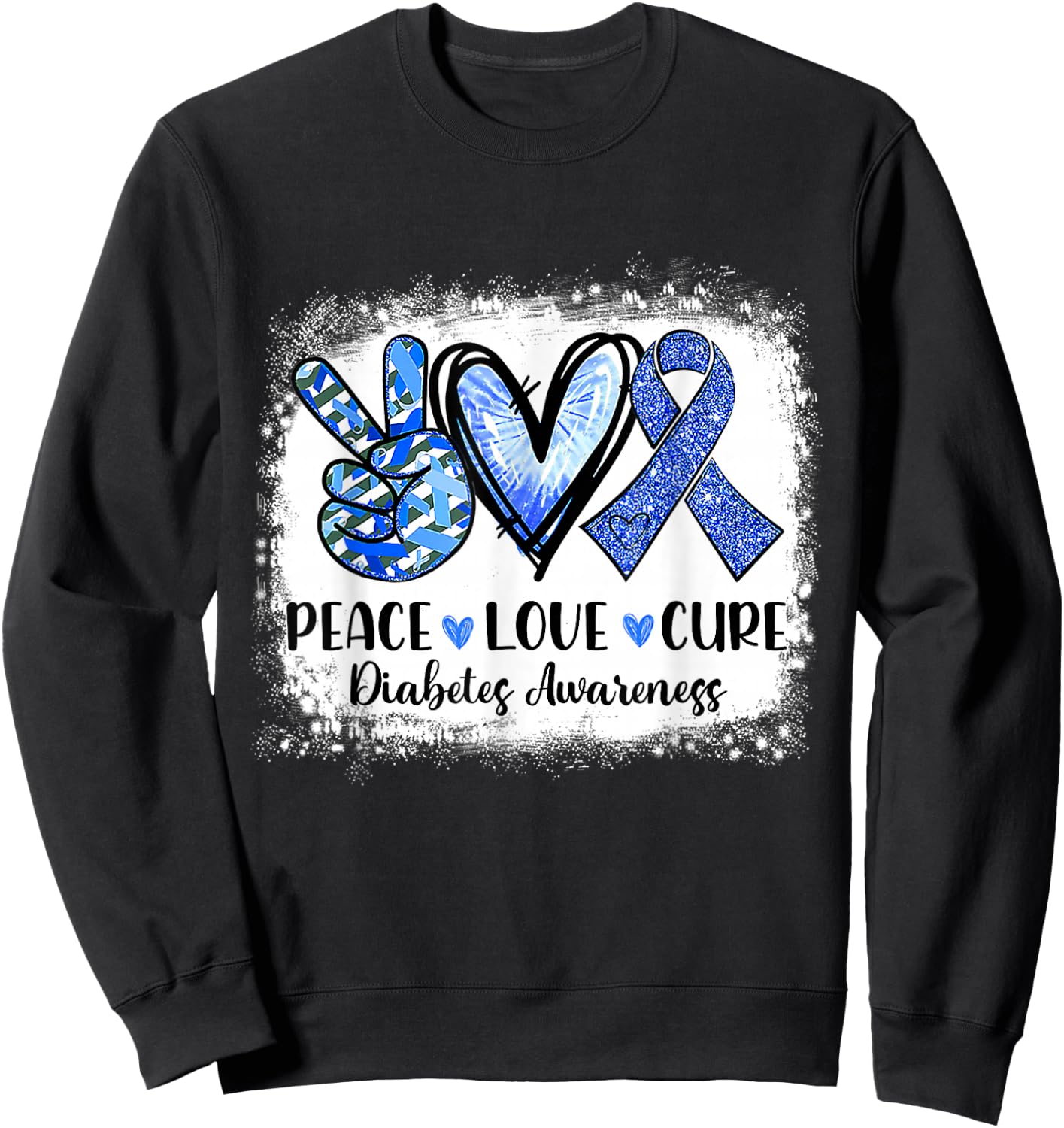 Peace Love Cure Type 1 Diabetes Awareness T1d Blue Ribbon Sweatshirt - Sweatshirt | Black