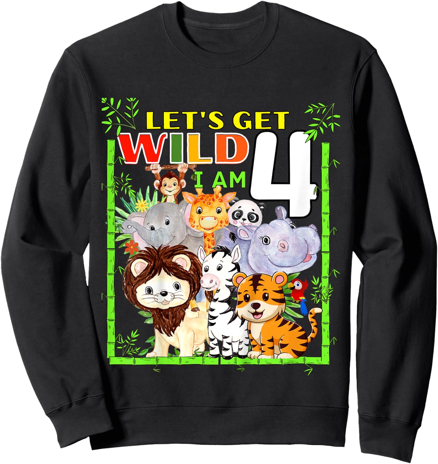 Kids 4 Year Old Zoo Birthday Safari Jungle Animals 4th Birthday Sweatshirt - Sweatshirt | Black