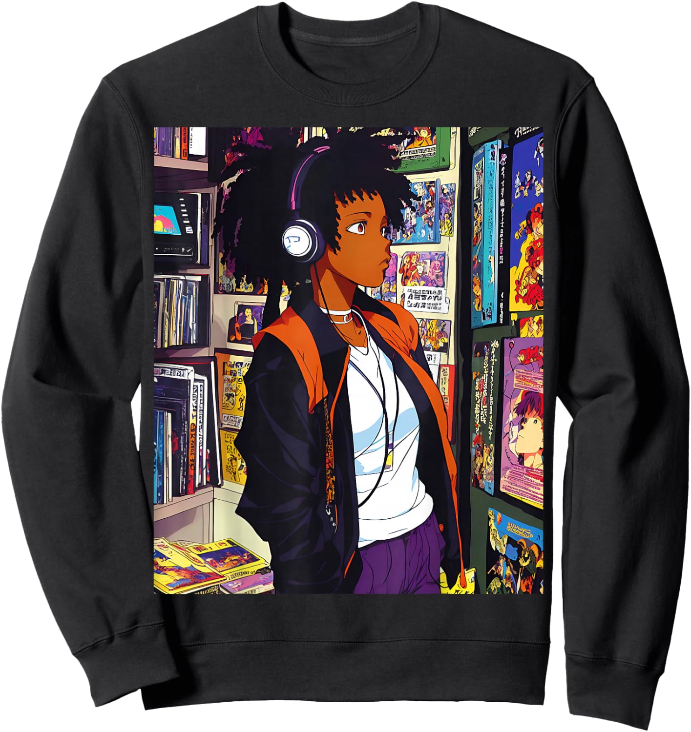 Anime Black Girl Lofi Music 90s Retro Afro Cartoon Sweatshirt - Sweatshirt | Black