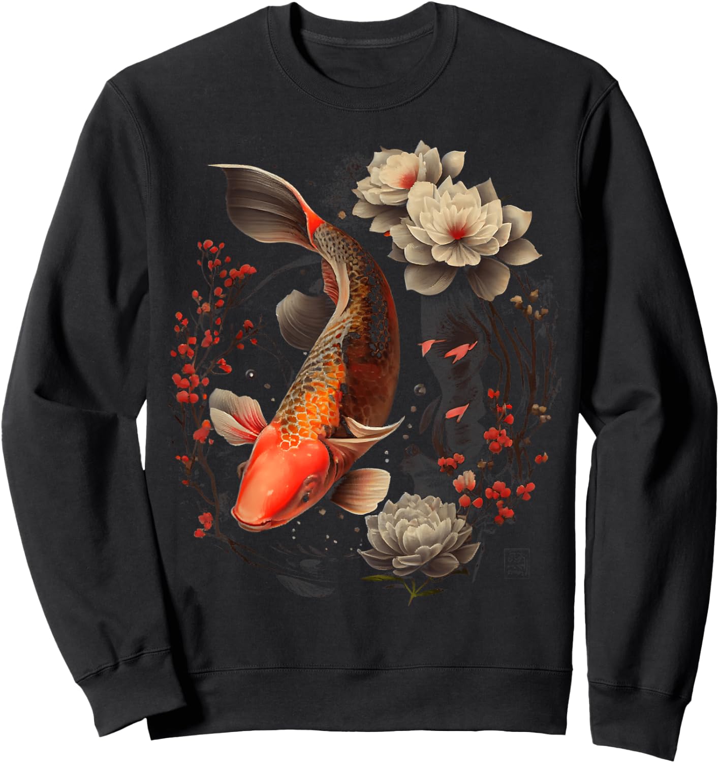 Japanese Koi Carp Nishikigoi Fish Graphic Cherry Blossom Sweatshirt - Sweatshirt | Black