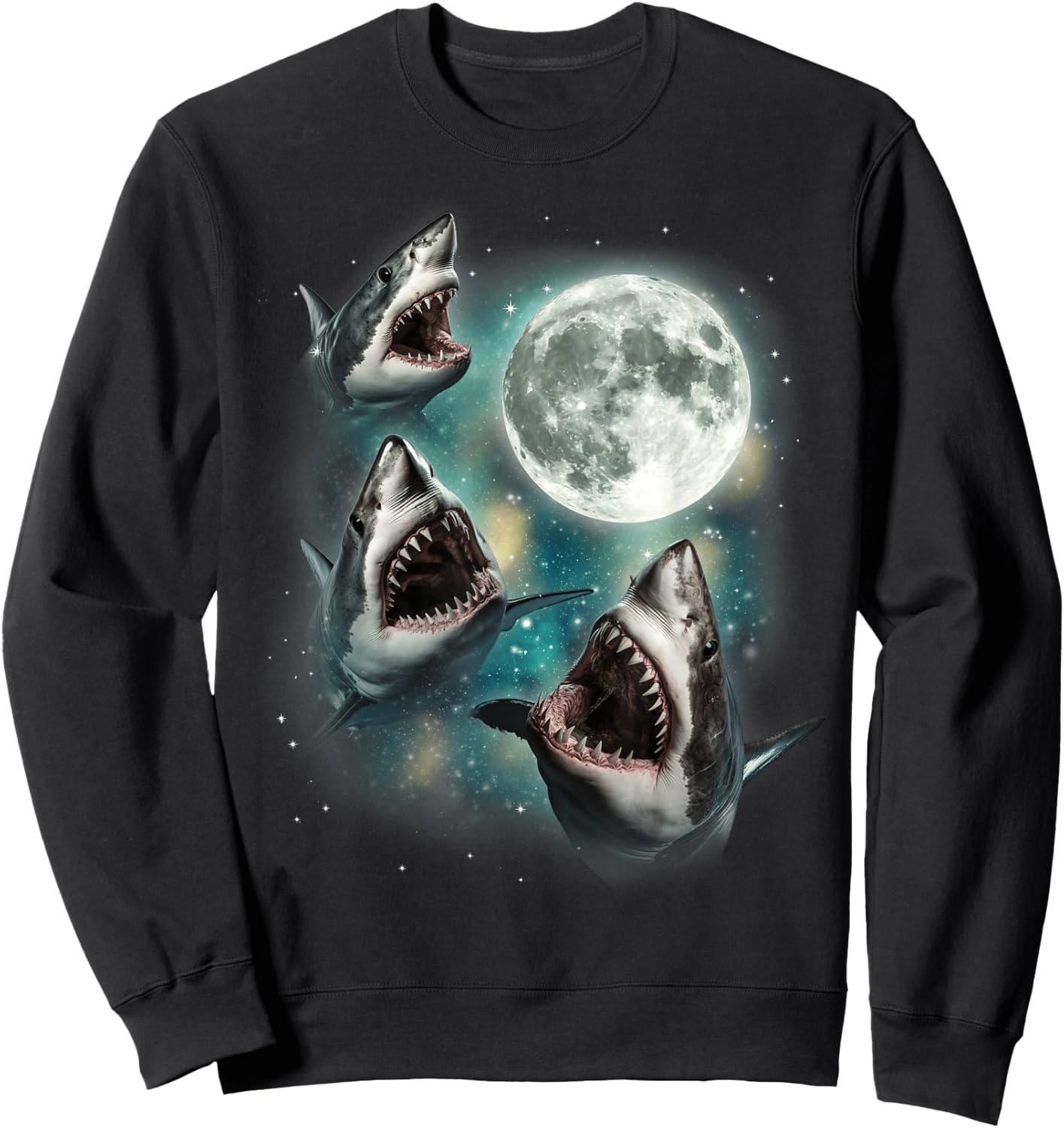 Three Shark Moon | 3 Great Whites Howling Wolfs Moon Parody Sweatshirt - Sweatshirt | Black