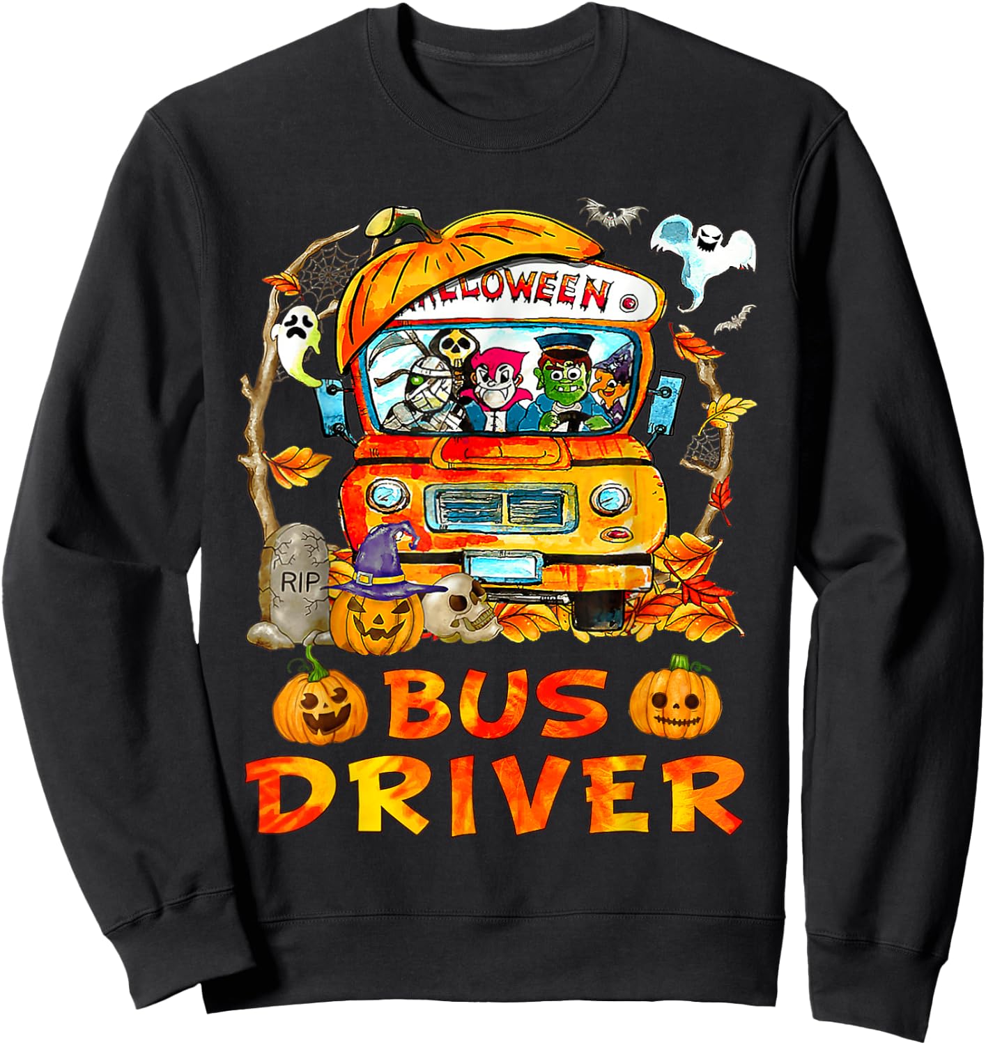 School Bus Driver Pumpkin Season Skeleton Fall Halloween Sweatshirt - Sweatshirt | Black