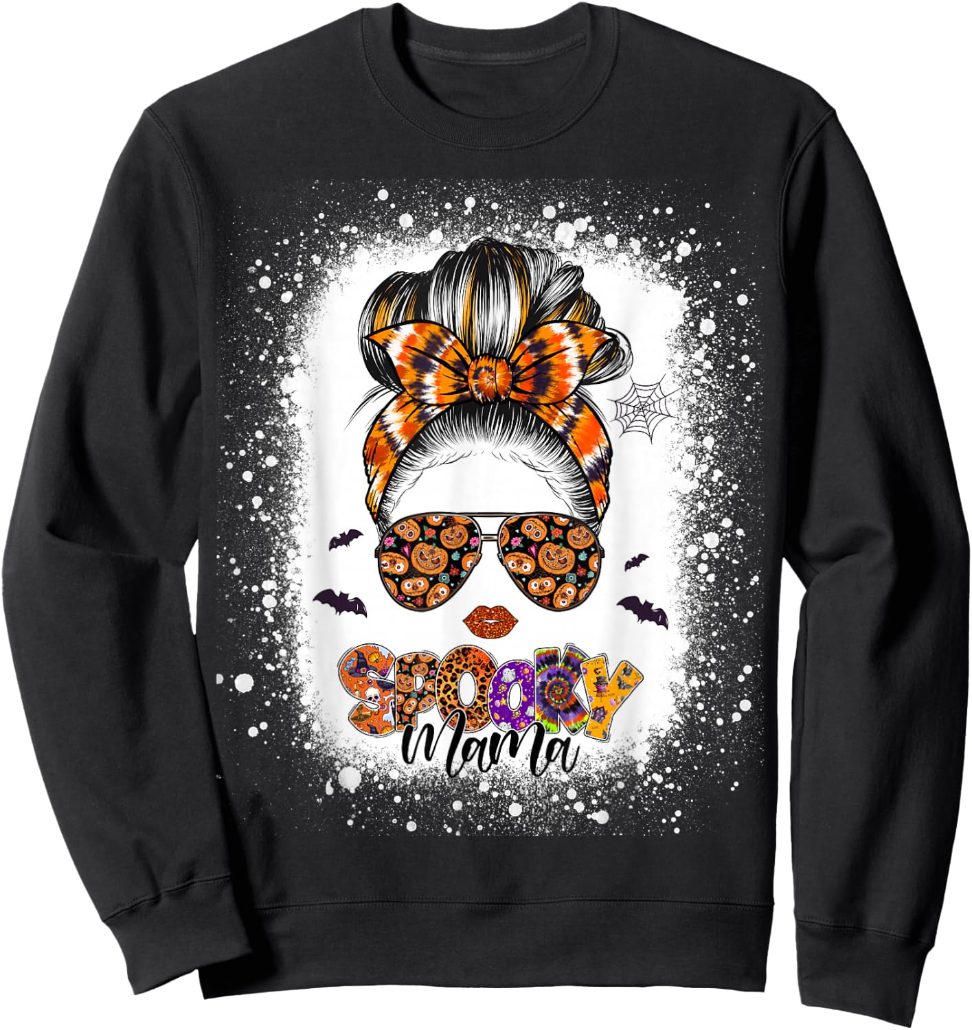 Spooky Mama Halloween Monster Messy Bun Skull Mom Bleached Sweatshirt - Sweatshirt | Black