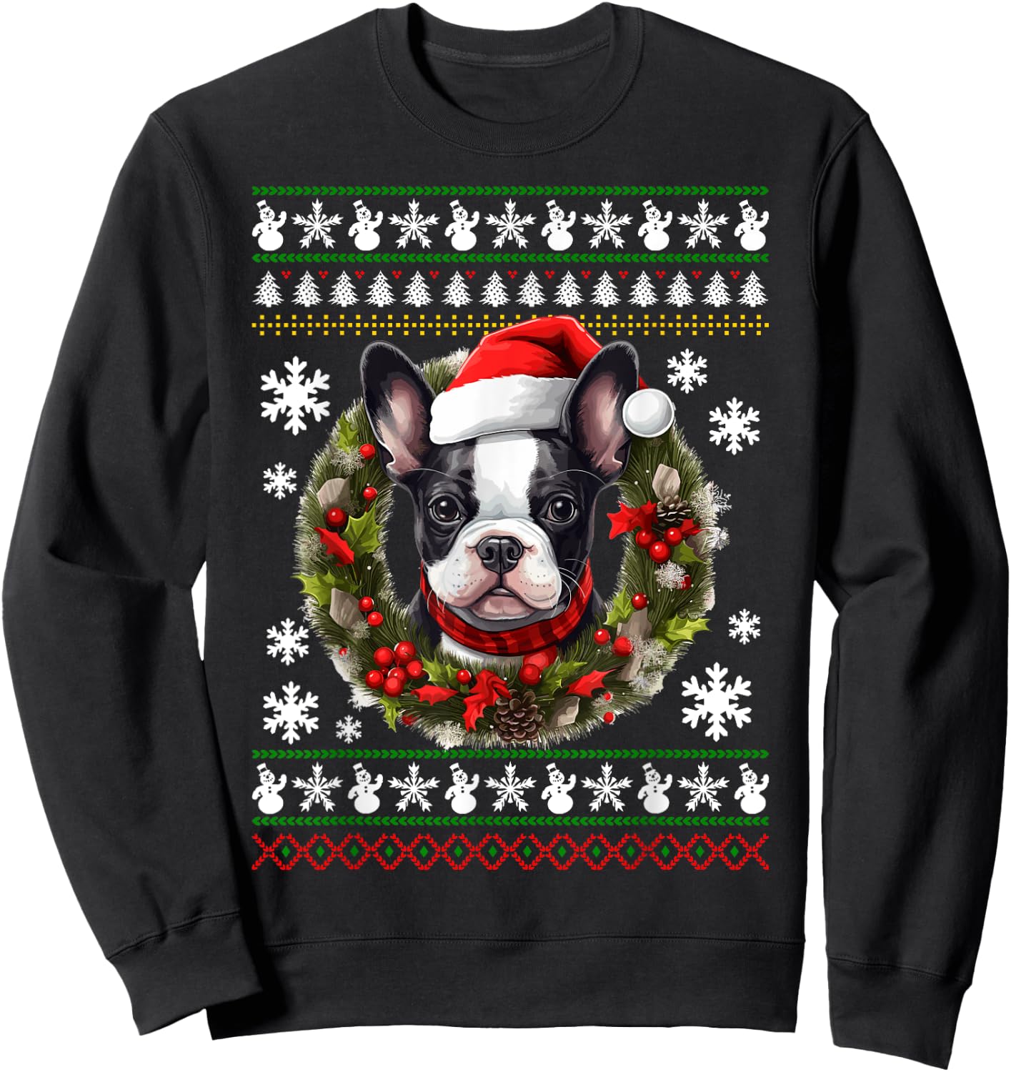 Boston Terrier With Santa Hat Ugly Christmas Sweatshirt - Sweatshirt | Black