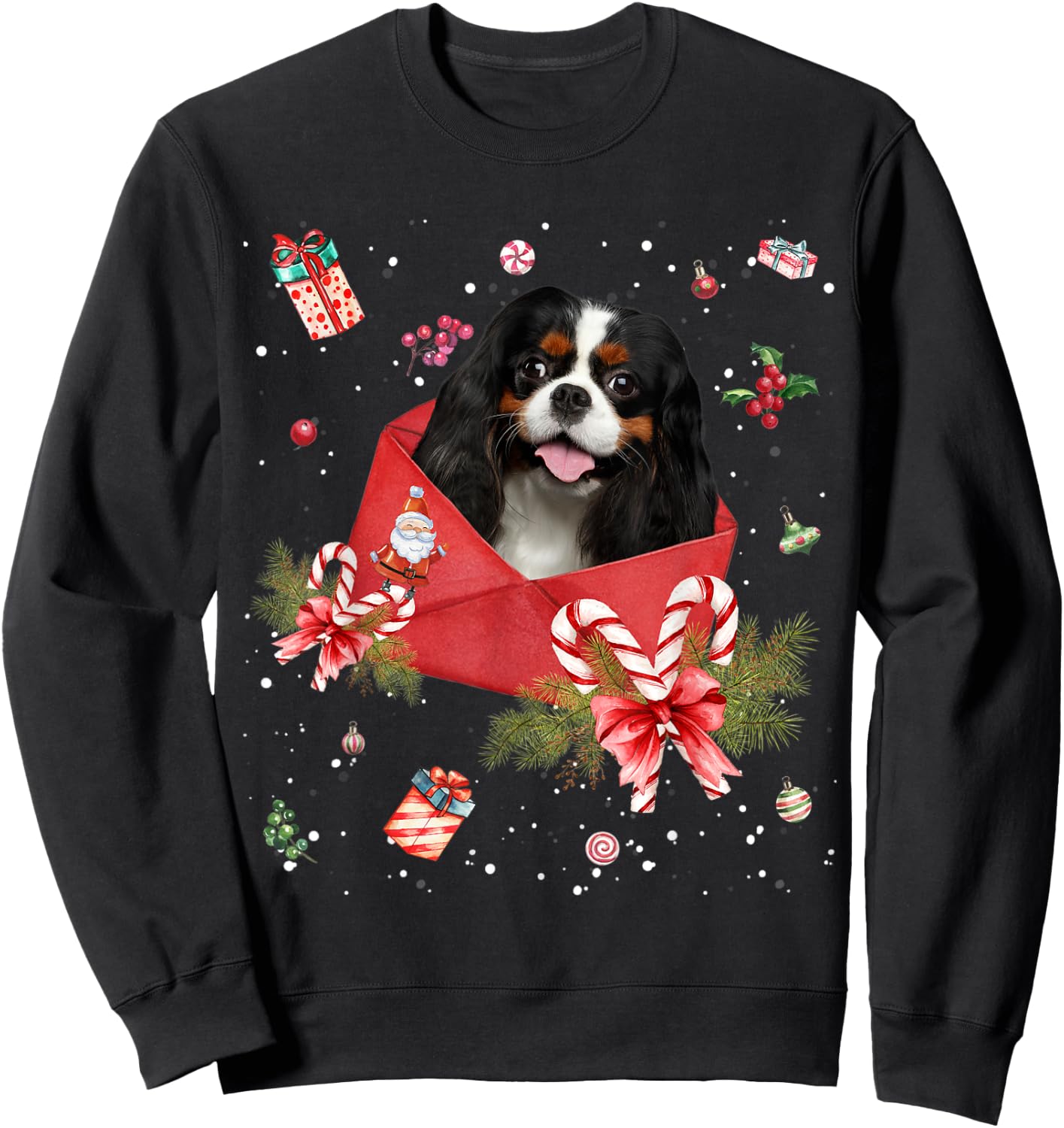 Cavalier King Charles Spaniel In Christmas Card Pajama Xmas Sweatshirt - Sweatshirt | Black