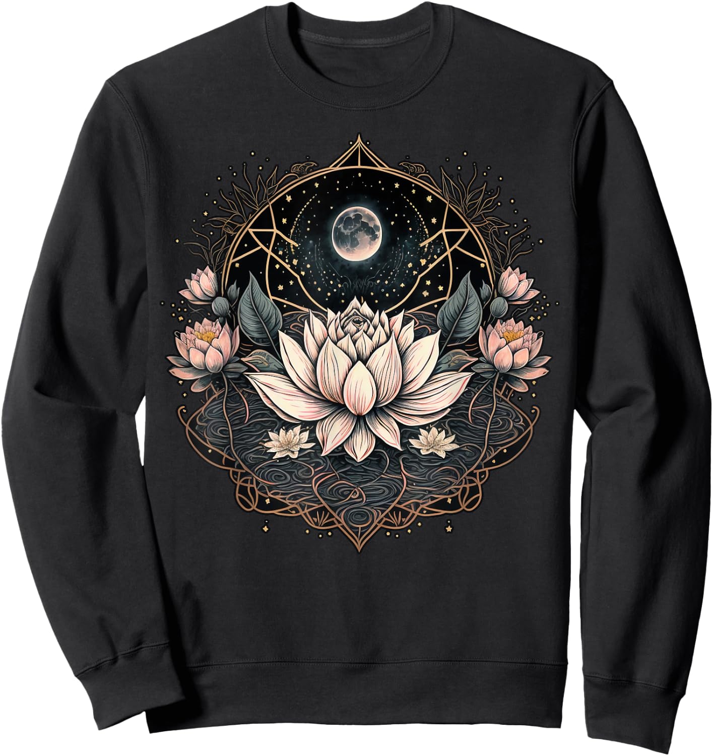 Moon Yoga Meditation Lotus Flower on Celestial Lunar Lotus Sweatshirt - Sweatshirt | Black