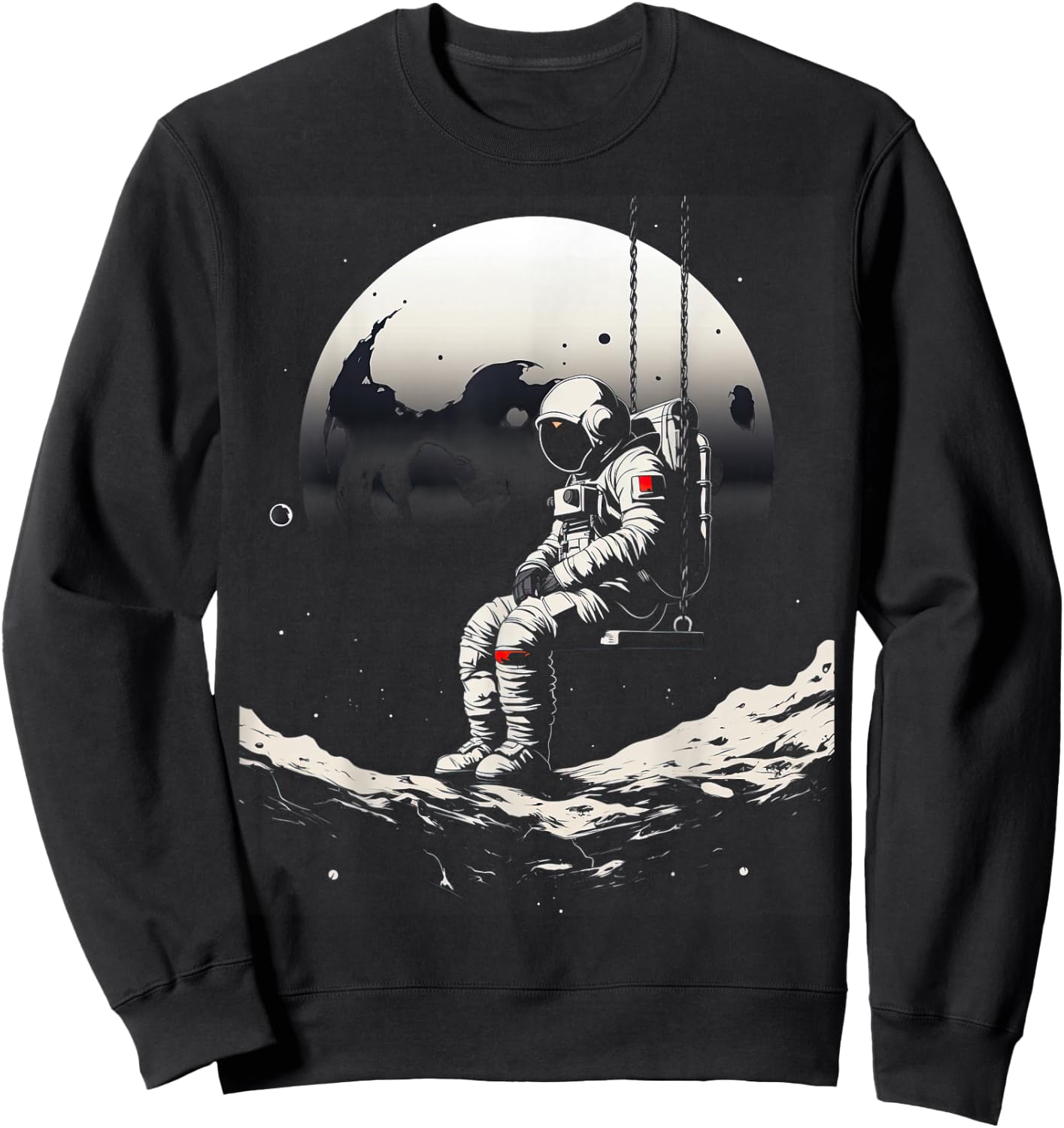 Astronaut Sitting on a Swing in Space Stars Moon Sweatshirt - Sweatshirt | Black