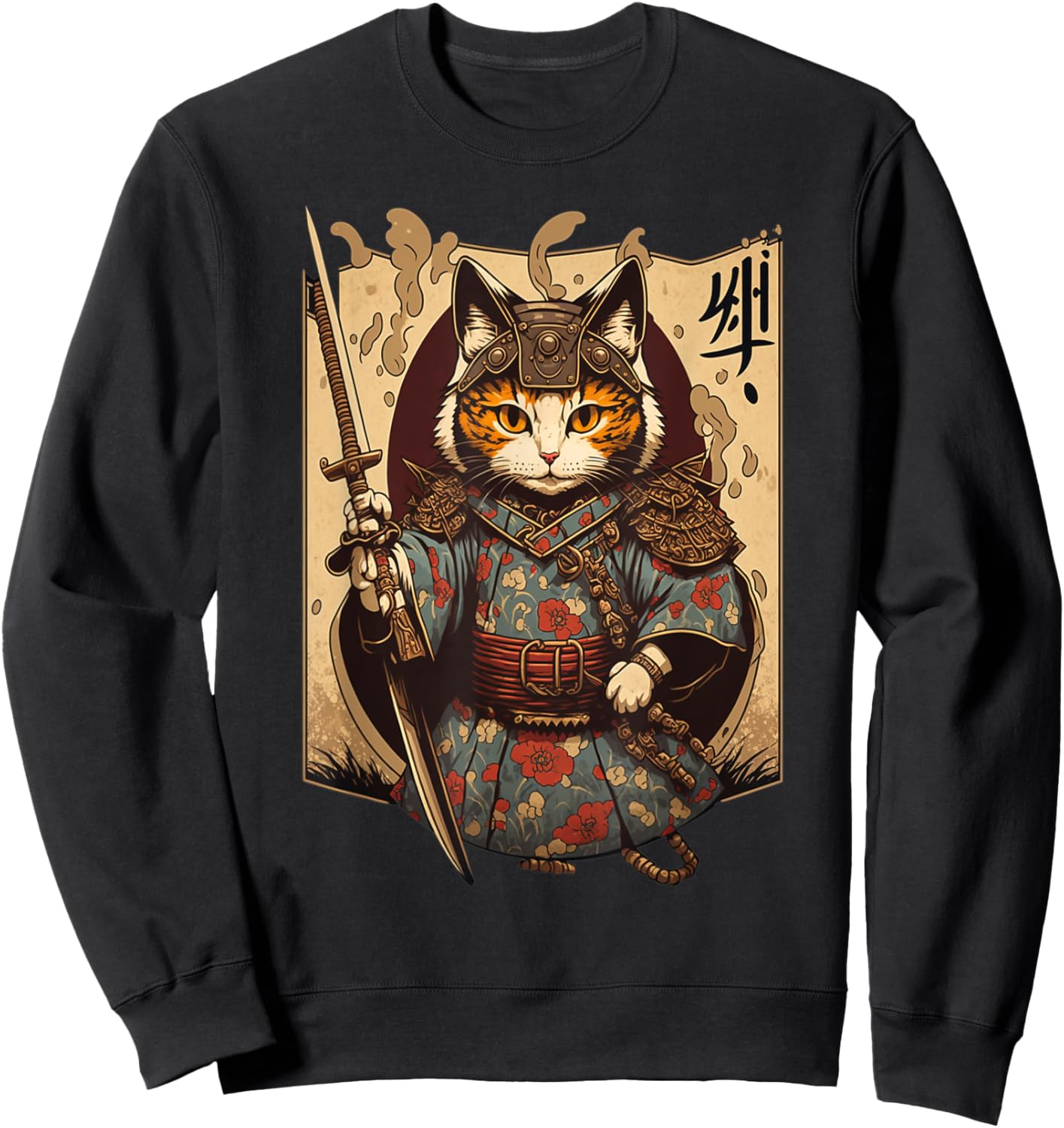 Retro Japanese Samurai Ninja Cat Kawaii Tattoo Graphic Style Sweatshirt - Sweatshirt | Black
