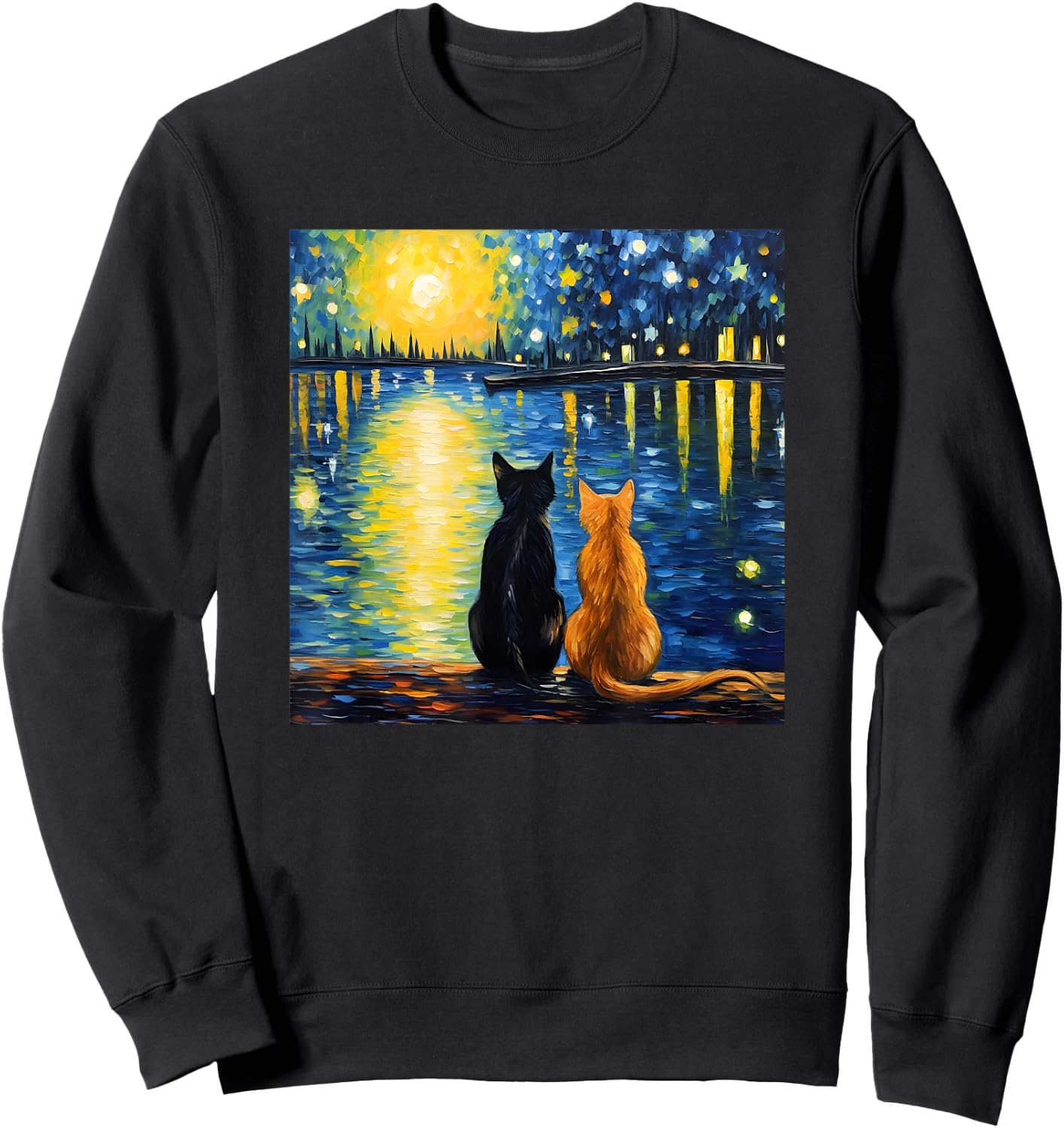 Two Cats Starry Night Lover Cat Art Painting Kitten Van Gogh Sweatshirt - Sweatshirt | Black