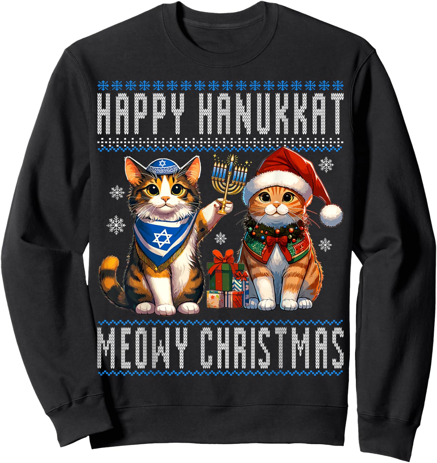 Cat Merry Christmas Happy Hanukkah Jewish Christian Men Women Kids Sweatshirt - Sweatshirt | Black