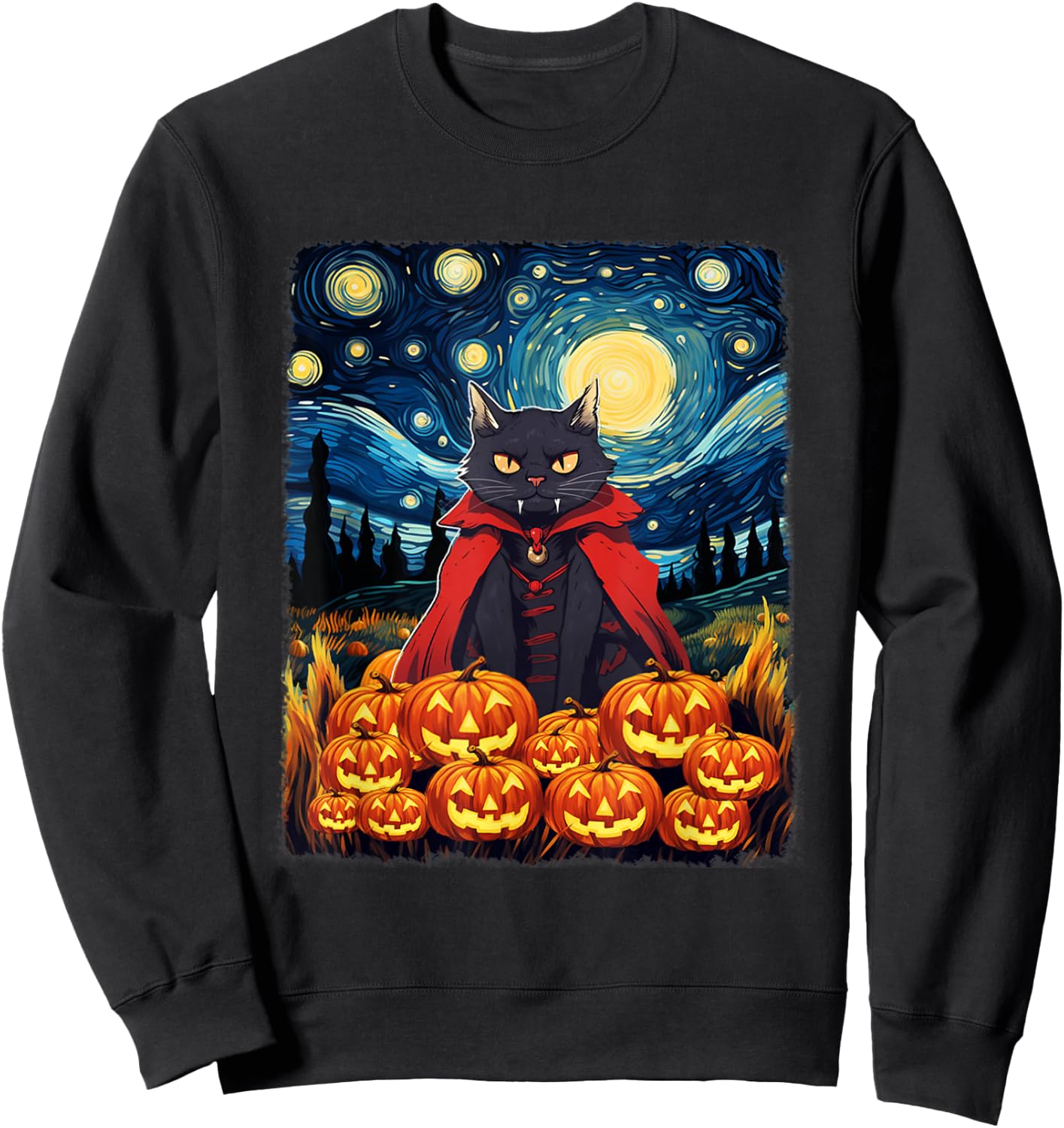 Dracula Cat Starry Night Van Gogh Retro Halloween Cat Sweatshirt - Sweatshirt | Black