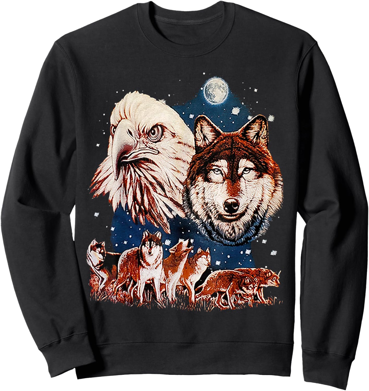 Eagle and Wolf At Moon Vintage Wolf Sweatshirt - Sweatshirt | Black