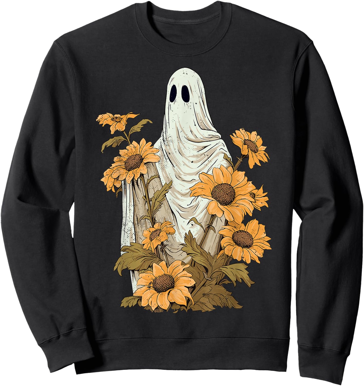 Vintage Floral Ghost Sunflowers Spooky Halloween Graphic Sweatshirt - Sweatshirt | Black