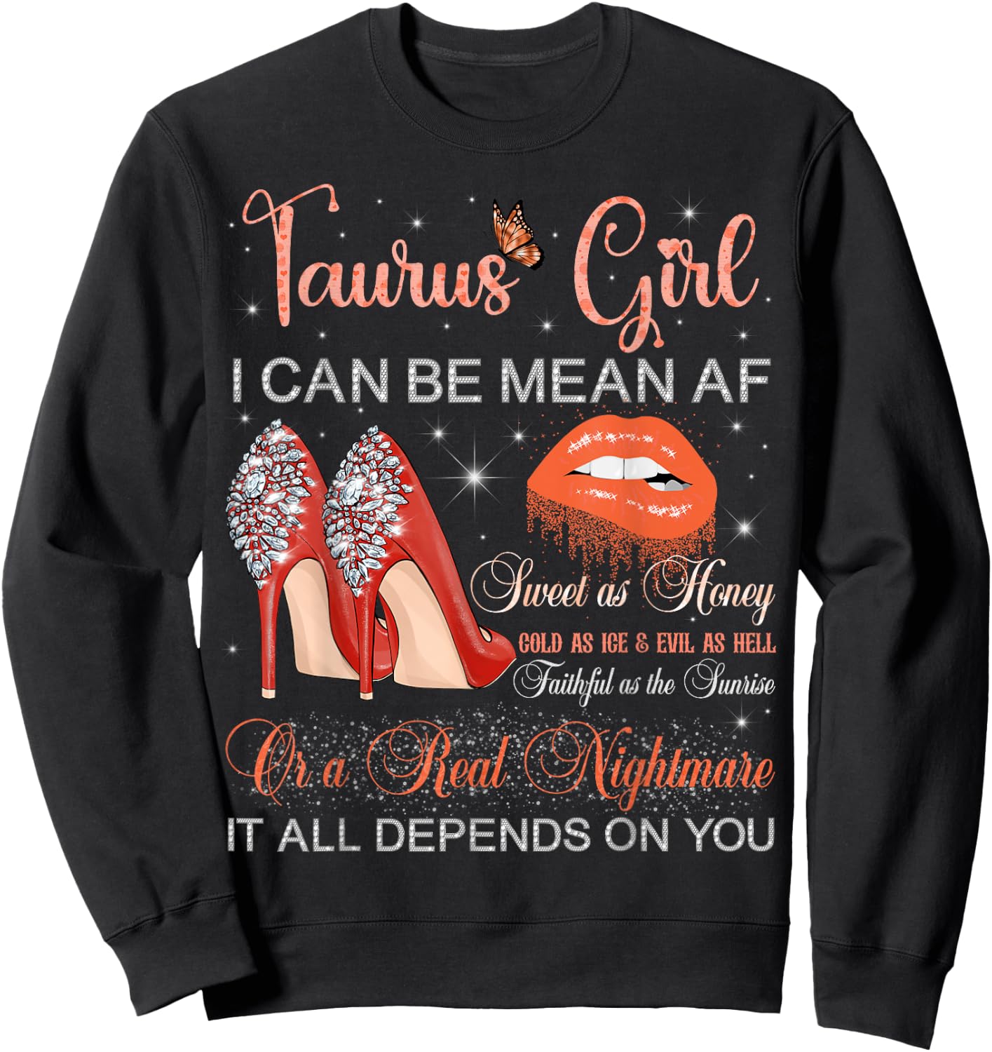 Taurus Girl Birthday High Heels Dripping Lips Butterfly Sweatshirt - Sweatshirt | Black