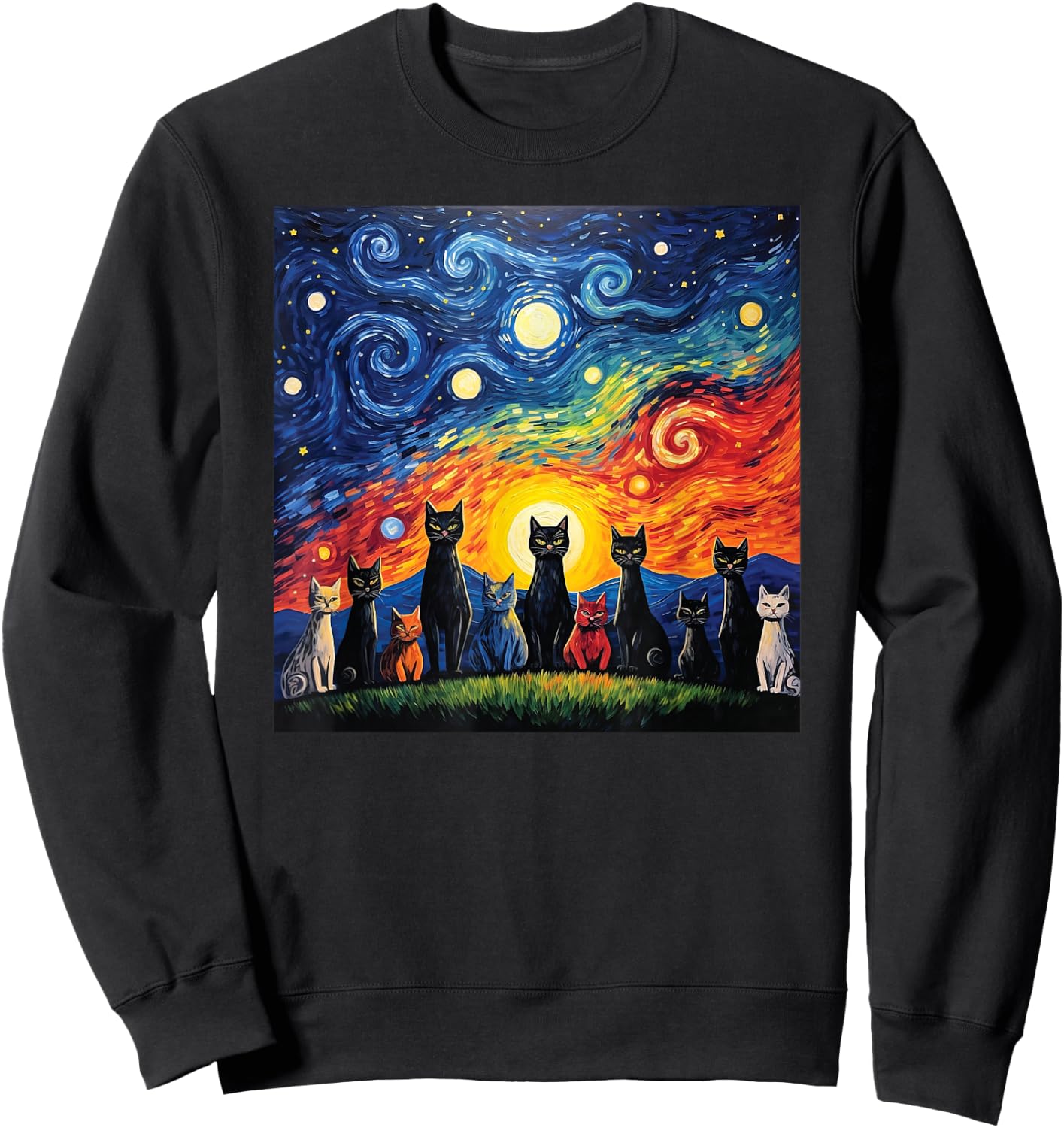 cats family Painting art Starry Night kitty kitten Van Gogh Sweatshirt - Sweatshirt | Black