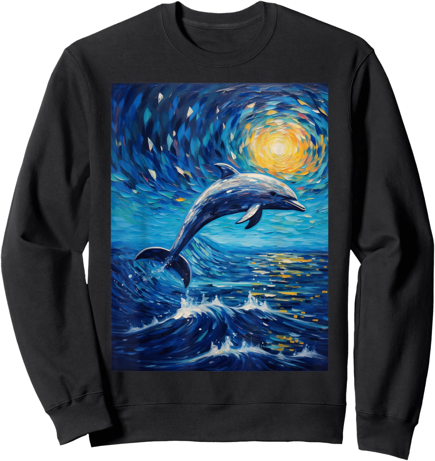 Dolphin Starry Night Van Gogh Style Graphic Sweatshirt - Sweatshirt | Black