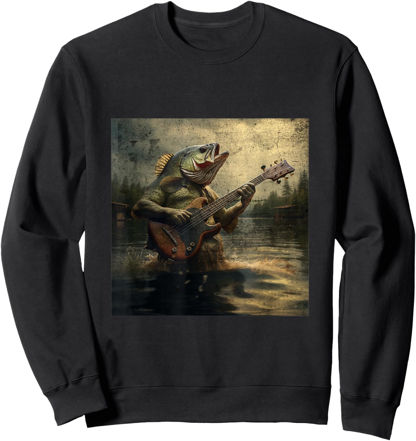 Weird Bass Fish Playing Bass Guitar Funny Cursed Meme Sweatshirt - Sweatshirt | Black