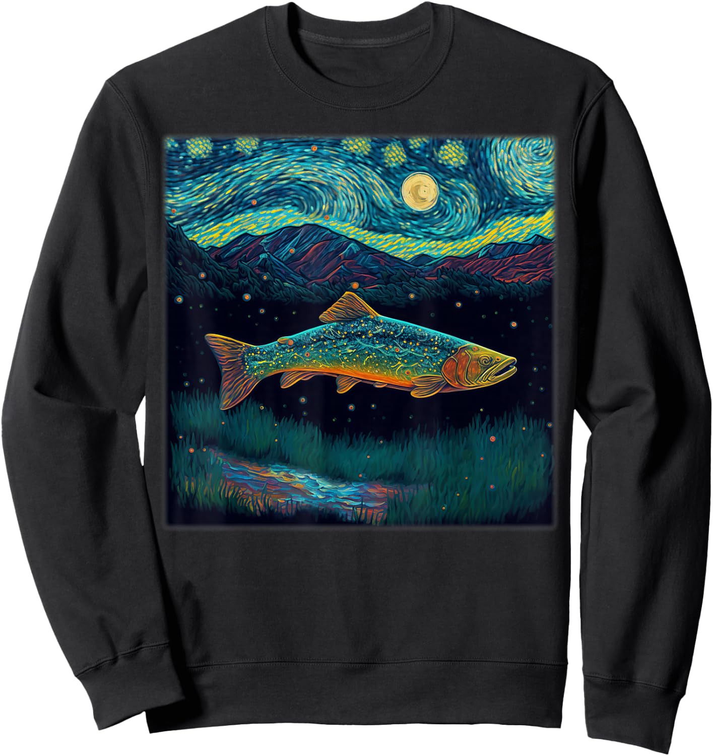 Surrealism Starry Night Brook Trout Sweatshirt - Sweatshirt | Black