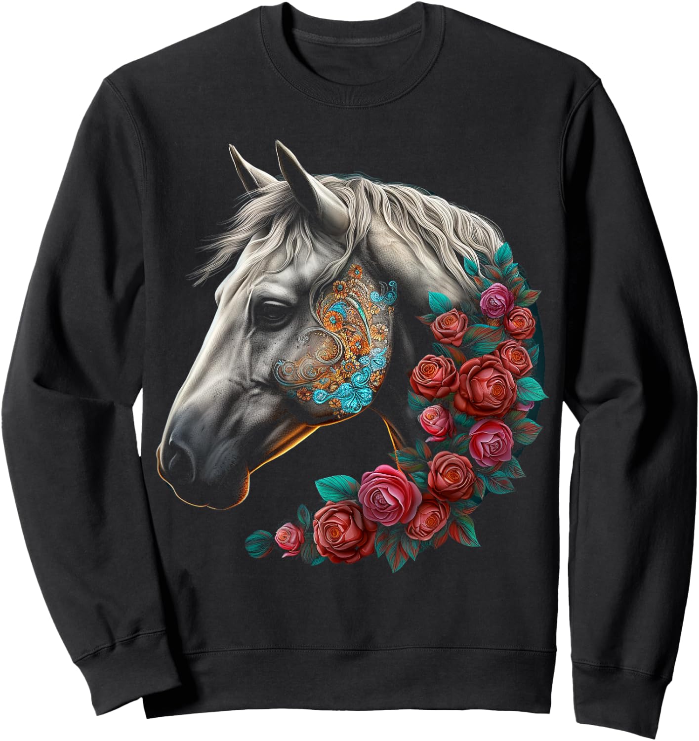 Horse Mandala Flower | Animal Motif Horse Sweatshirt - Sweatshirt | Black