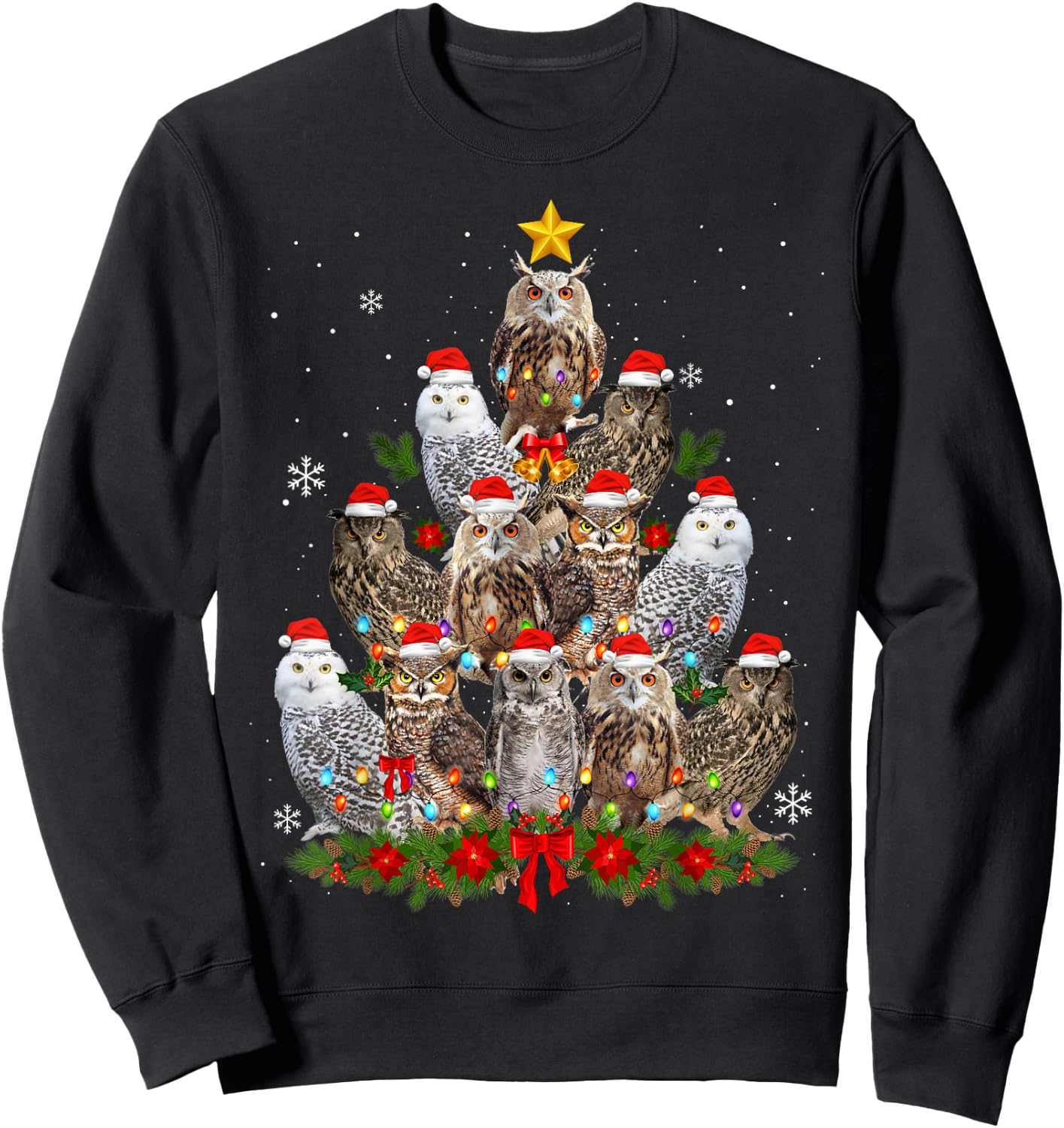 Owl Christmas Tree Owl Xmas Lights Cute Christmas Matching Sweatshirt - Sweatshirt | Black