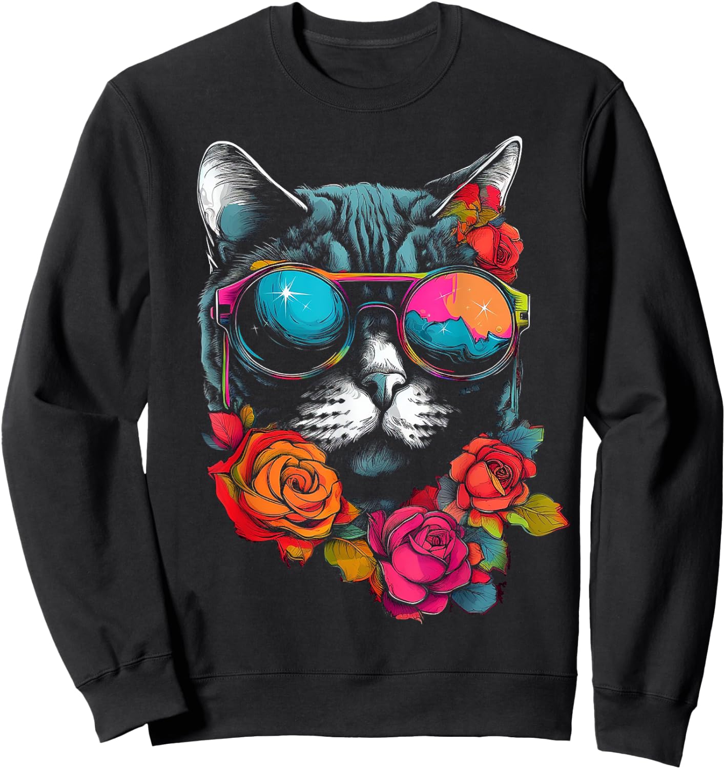 Cat Lover Artwork | Sunglasses Flower Animal Motif Cat Sweatshirt - Sweatshirt | Black