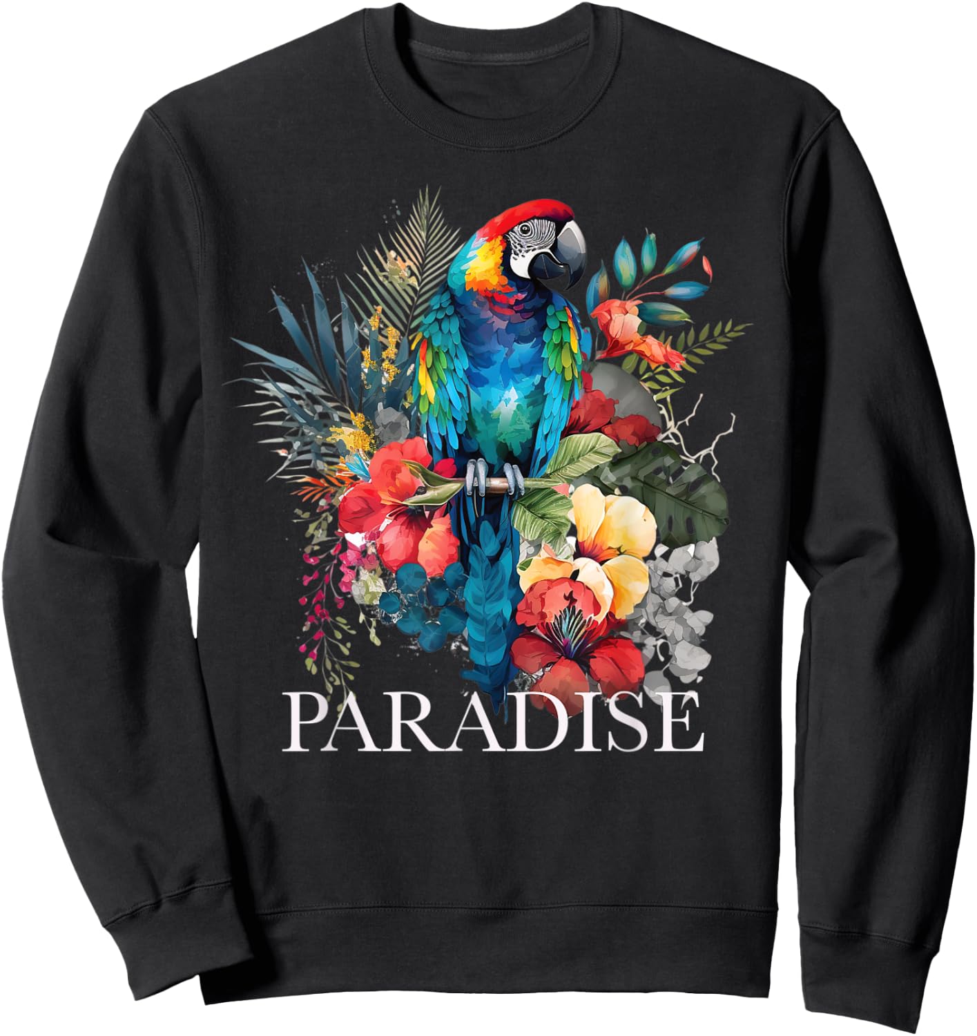 Paradise Parrot Tropical Bird Vacation Beach Flower Hawaiian Women Kids Sweatshirt - Sweatshirt | Black